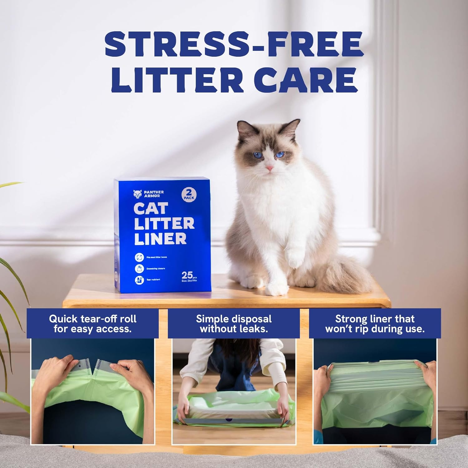 Panther Armor Jumbo Cat Litter Box Liners with Drawstring, 25 Count, Extra Large Elastic Liners, Unscented Cat Litter Liners to Keep Your Home Clean, Kitty Litter Bags, Cat Waste Bags, Pet Supplies