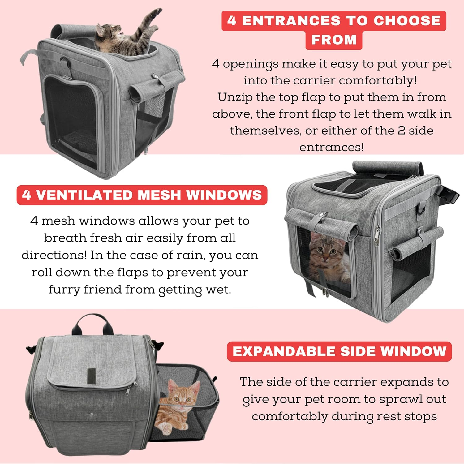 Dog Bike Basket, Expandable Soft-Sided Reflective Pet Carrier Backpack with 4 Open Doors, 4 Mesh Windows for Medium Small Dog Cat Puppies (Grey) image number 1