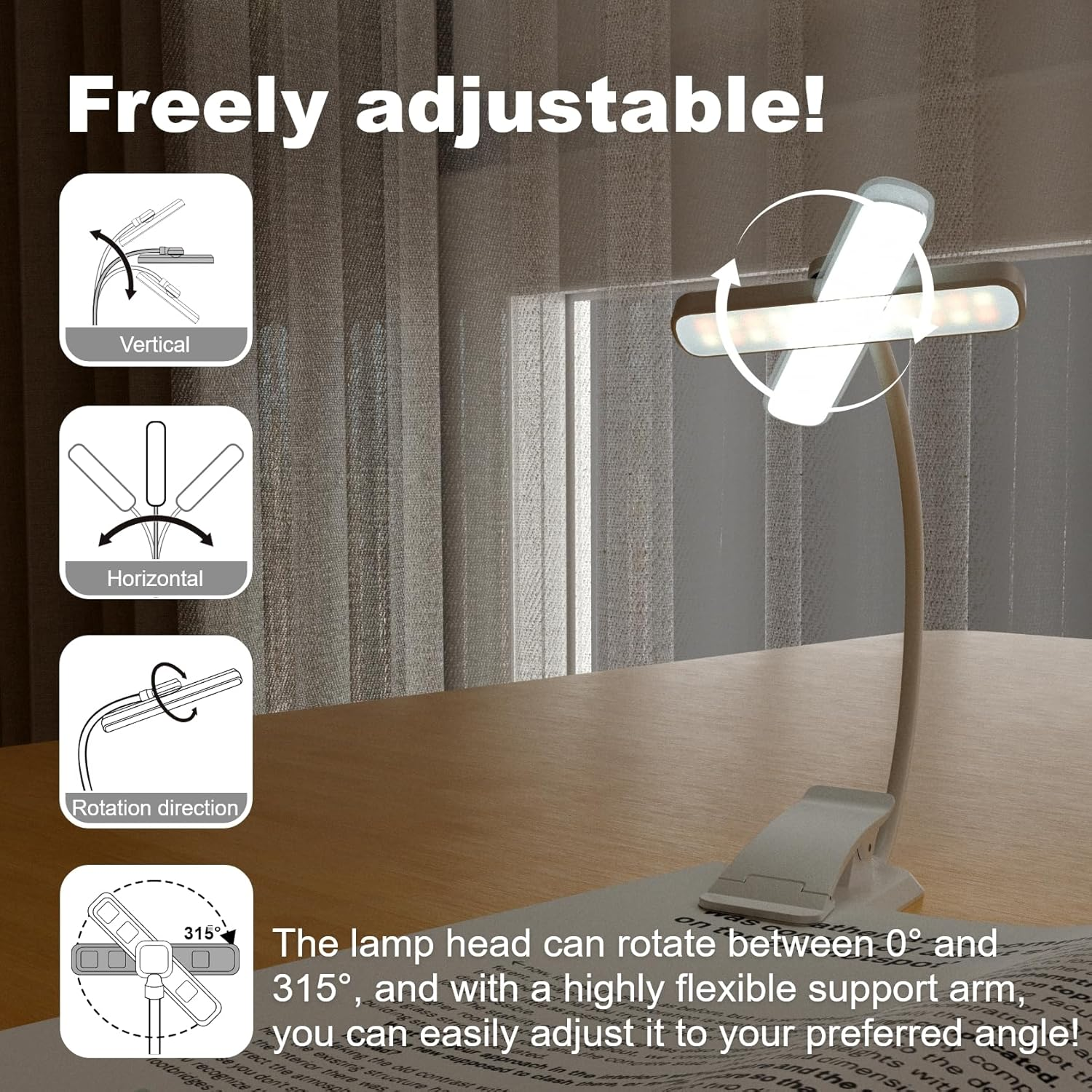 LUTW 24 LED Rotatable Book Light, 3 Eye-Friendly Colours and 5 Brightness Reading Light, Stepless Dimming, 1000Mah Rechargeable Clip on Light, Long Battery Life, Flexible Arm, Lightweight, White image number 3