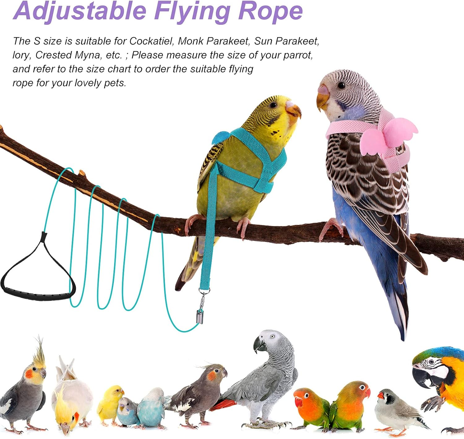 4 Pieces Pet Parrot Bird Harness Leash Adjustable Bird Flying Harness Traction Rope with Cute Wing for Parrots Pigeons Budgerigar Lovebird Outdoor Training Toy (Pink, Yellow, Light Purple, Cyan,S) image number 3