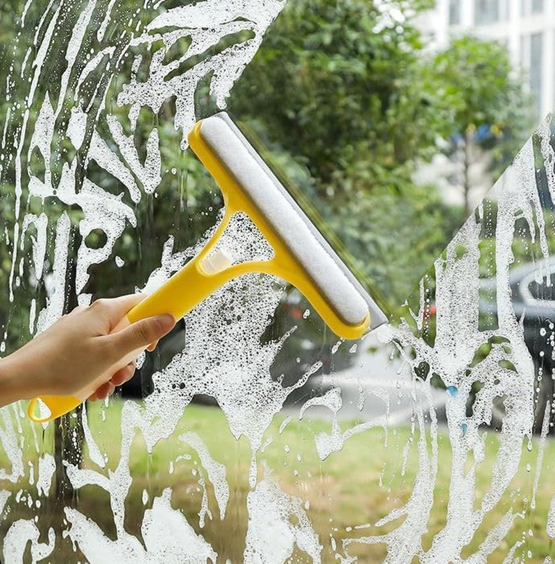 3-In-1 Window Glass Squeegee Cleaning Scraper, with Brush and Built-In Spray Bottle, Universal Household Glass, Floor, Car Screen, Bathroom Mirror Cleaning Kit Tool (Yellow) - White image number 4