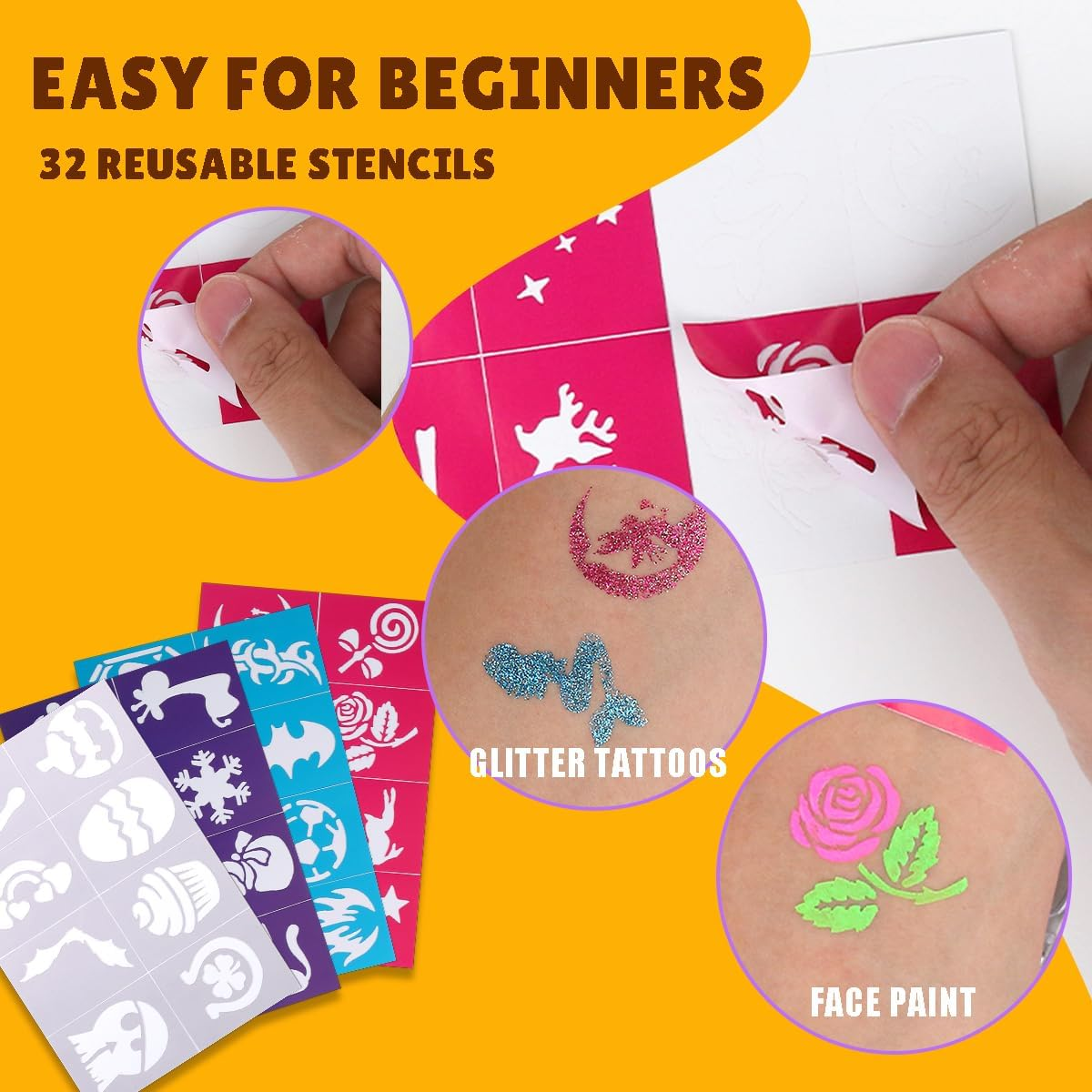 Bowitzki Face Paint Kit,Water Based Non Toxic Face Paint Palette with 24 Colors,16 Glitters, 32 Stencils & 10Pcs Brushes, Professional Body Face Paint Makeup for Party,Halloween,Carnival,Festival