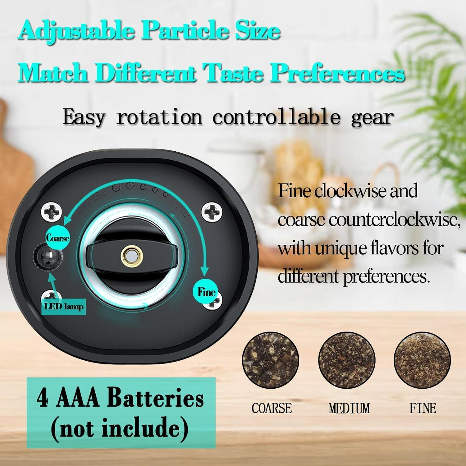 Electric Salt and Pepper Grinder Set, Battery Powered Automatic Pepper Mill, Ceramic Grinder with Adjustable Coarseness, LED Light, and Salt Mill Refillable, One Hand Operation (1 Pack-Silver) image number 4