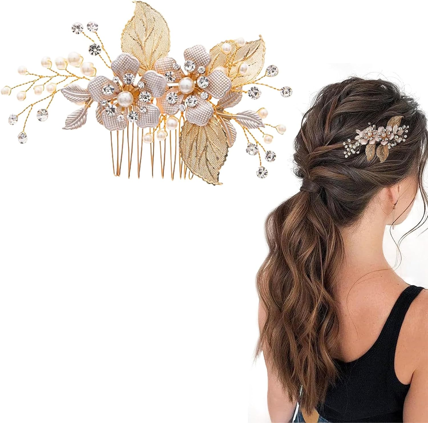 Dinghaole Gold Wedding Hair Clip, Crystal Pearl Hair Pins Accessories, for Women Girls Brides Bridesmaid Hair Pieces Comb Proposal Prom Birthday Party Accessories Decorative image number 5