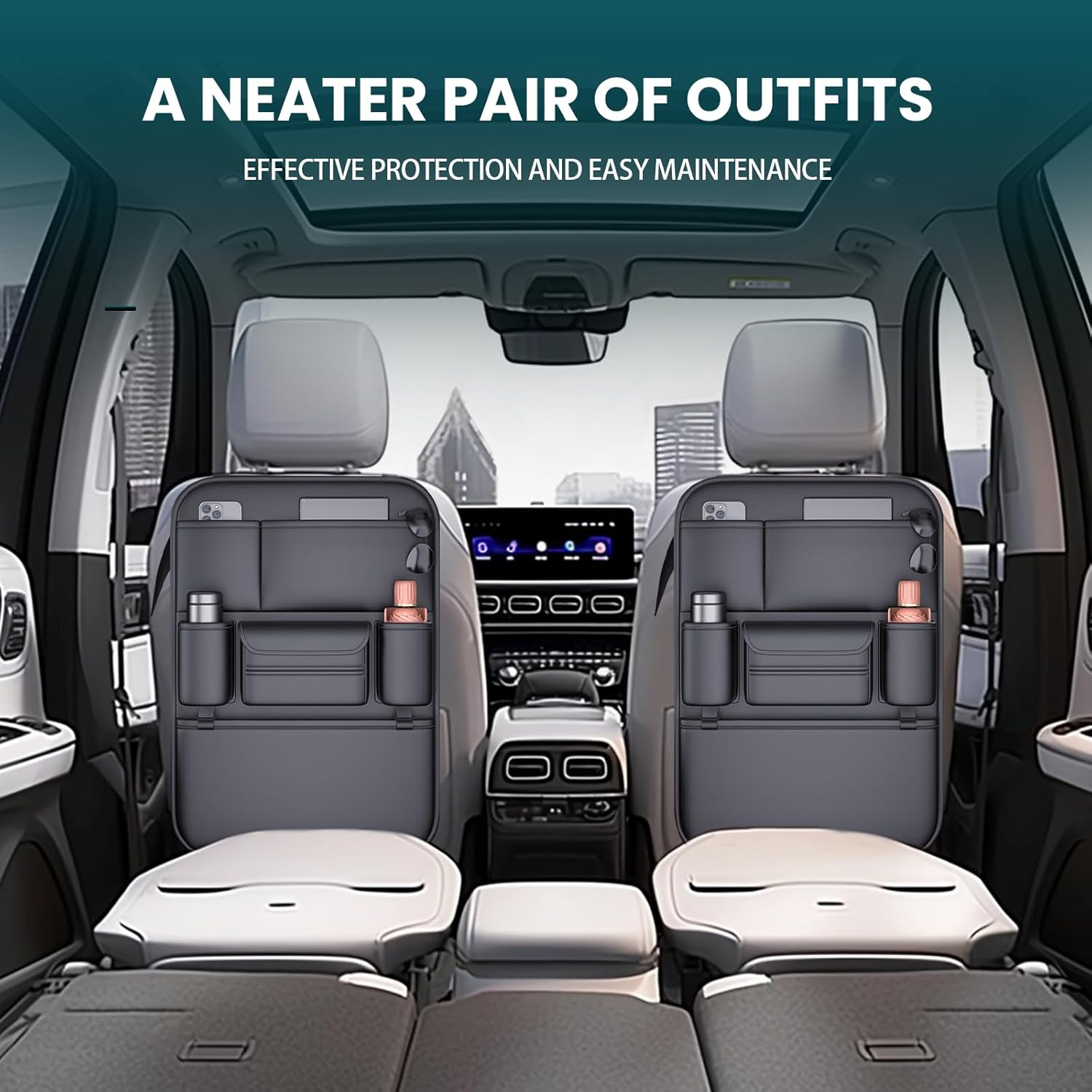 Car Backseat Organizer 2-Pack- Kick Mats Back with 6 Storage Pockets,And Adjustable Buckle Strap Waterproof Car Storage Organizer Backseatuse Premium Leather for Family Road Trips image number 5