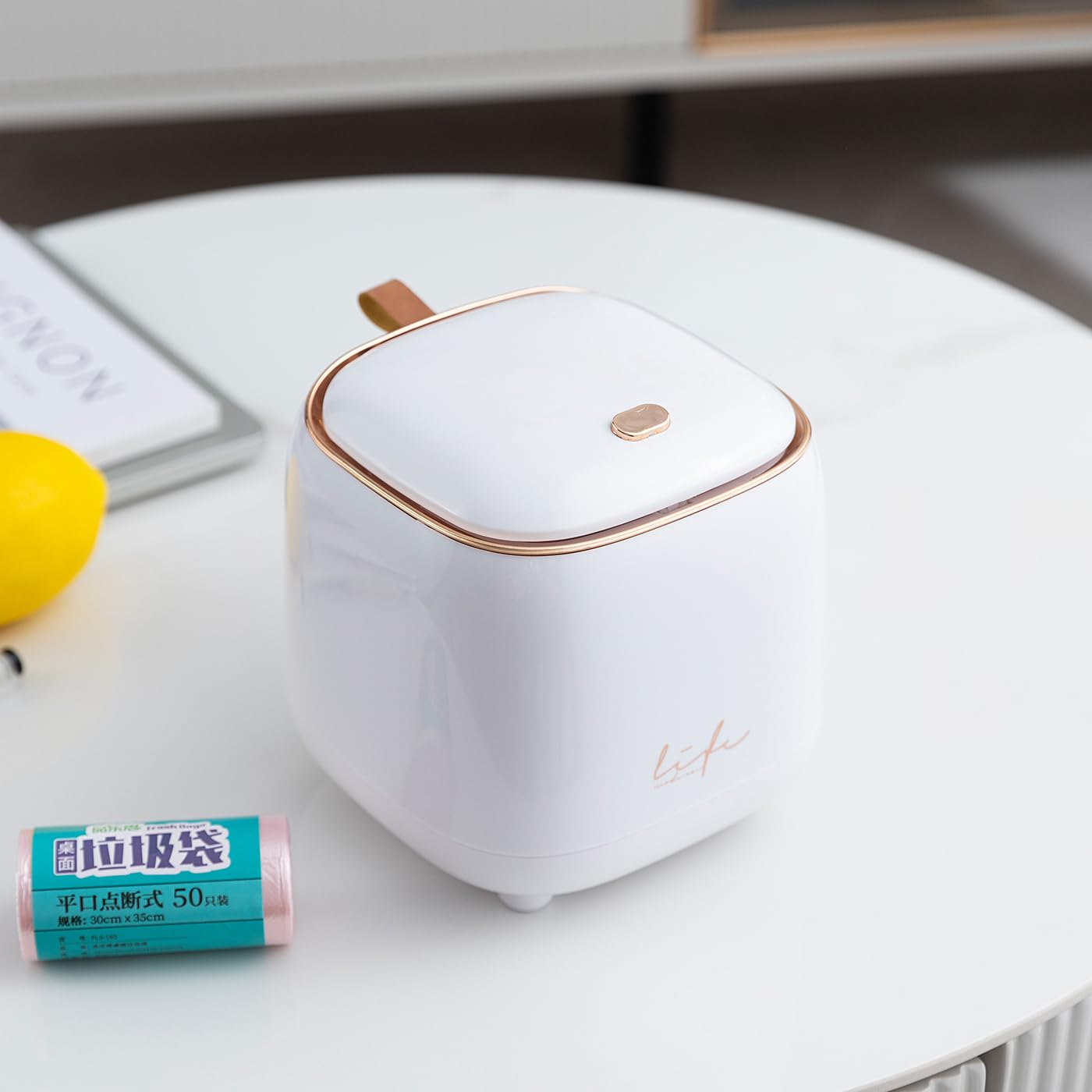 Recycle Bin Plastic Creative Mini Desktop Trash Can with Lid Small Home Office Cleaning Trash Can Button Desktop Storage Bucket Light Trash Can, with 50 Trash Bags image number 2