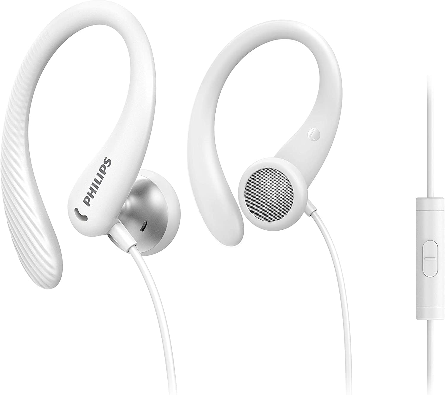 Philips Sports Headphones A1105WT/00 with Microphone, In-Ear Headphones (Flexible Ear Hook, Bass Beat Vent, IPX2 Sweat Resistant, Secure Fit, In-Line Remote Control) White &ndash; 2020/2021 Model