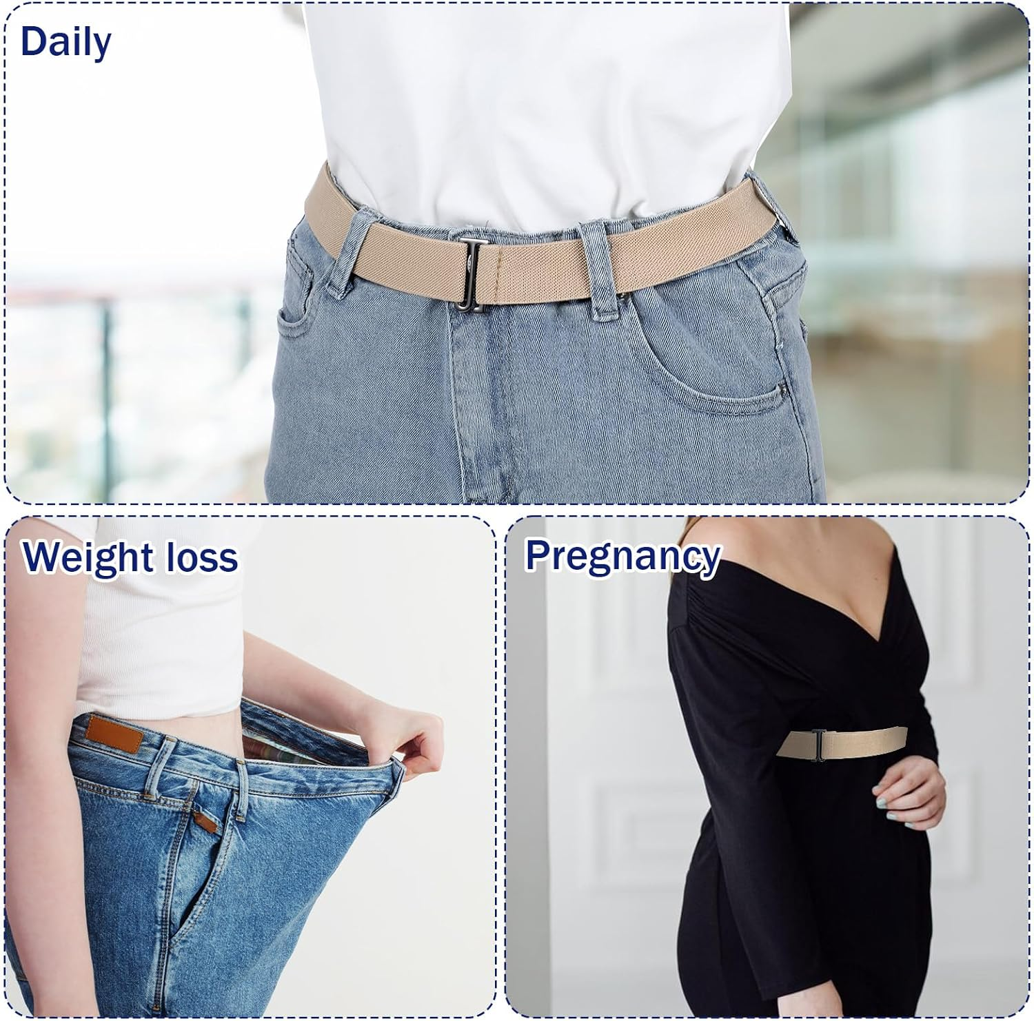 Heclia 3PCS No Show Stretch Belt for Women, Elastic Stretch Belt with Flat Buckle for Pants Jeans Dresses, Adjustable Invisible Strap Belts Fashion Classic Solid Color Lady Wasit Belts - Black image number 4