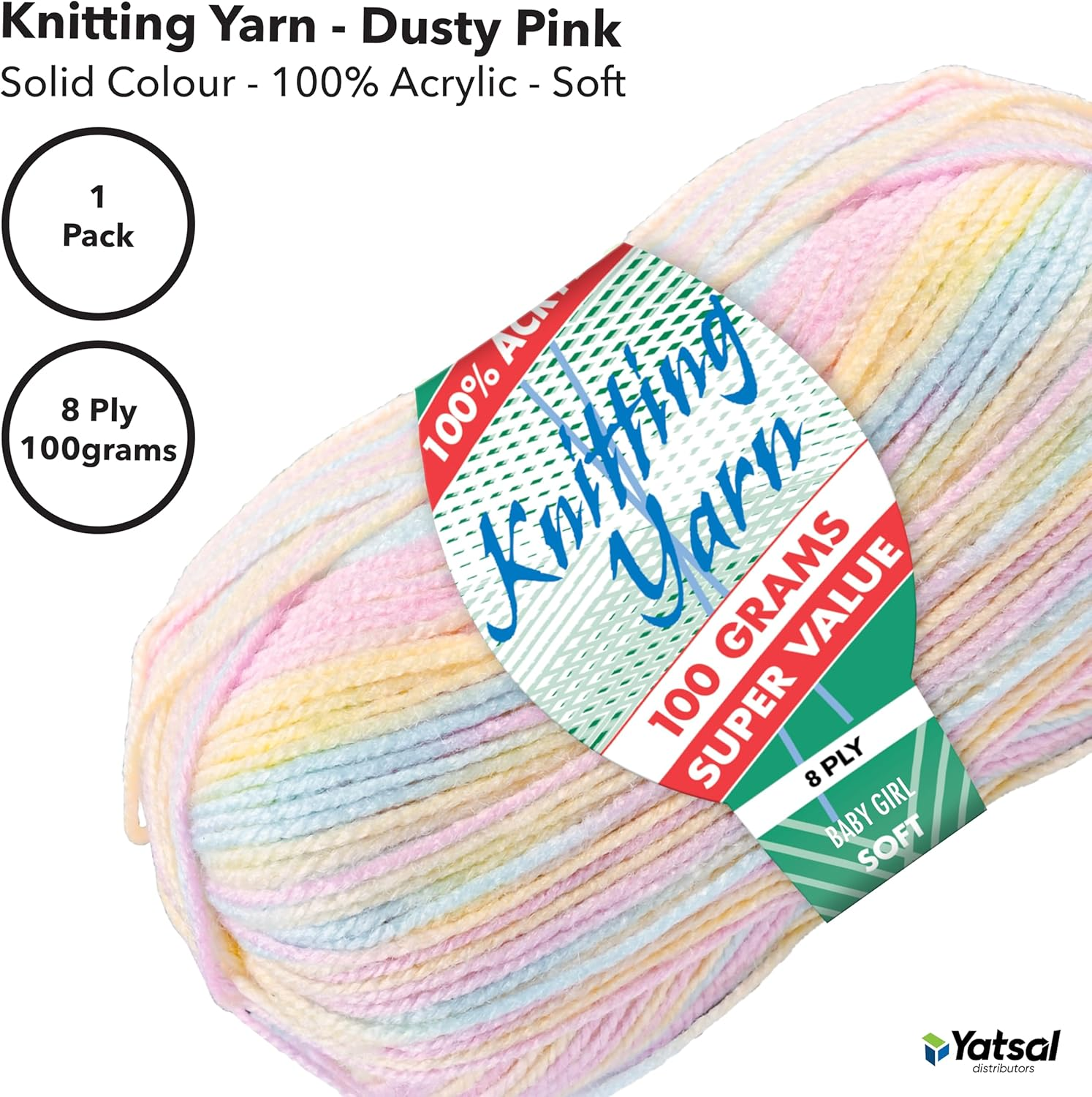 100% Acrylic 8-Ply Knitting Yarn 100 G, Baby Girl image number 2