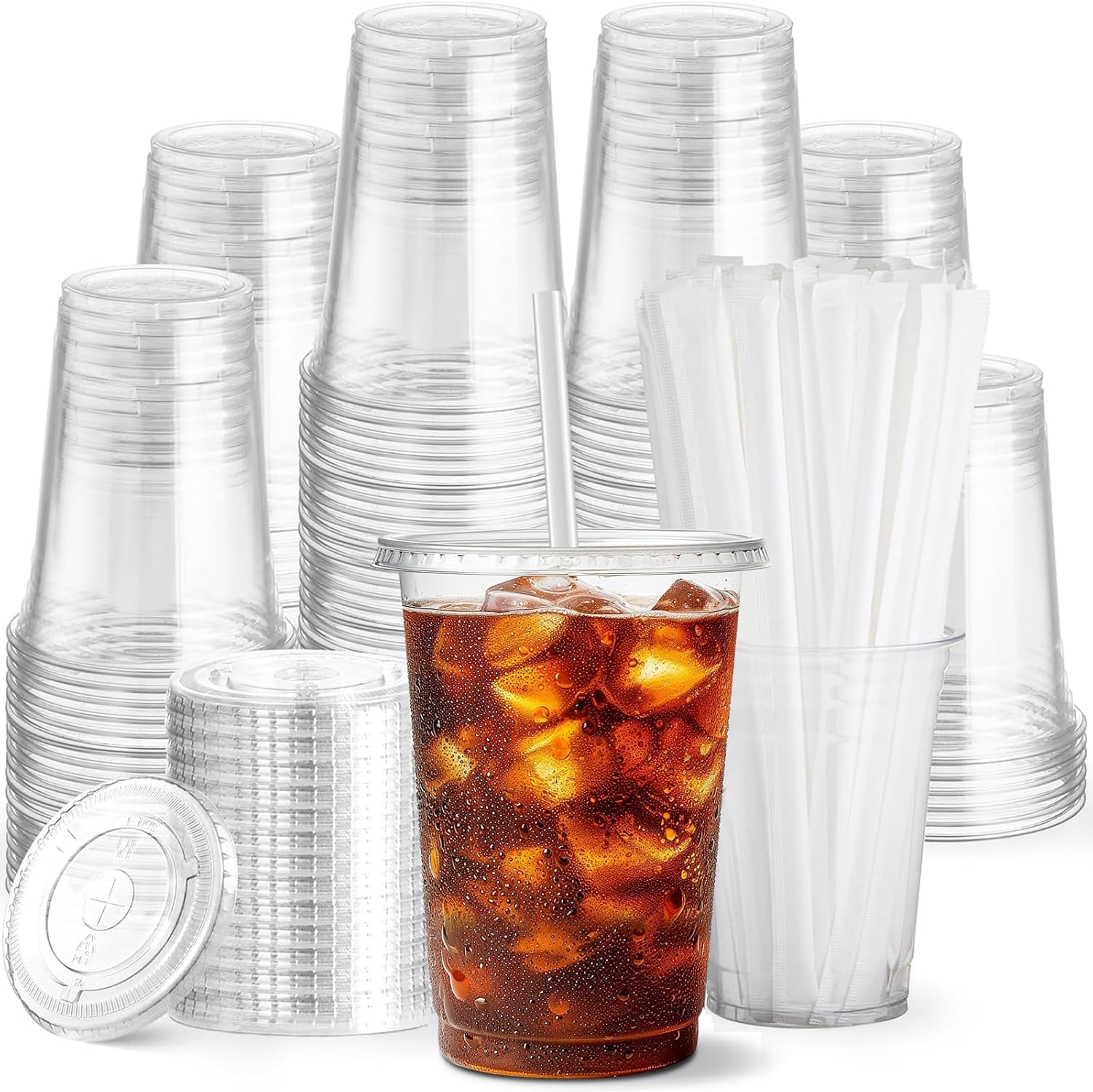 100 Pack 16 Oz Reusable Plastic Cups with Lids and Straws, Reusable Clear Party Coffees Cups for Wedding Party, Cold Beverages, Iced Coffee, Smoothies, and Leak-Proof, Durable, Bpa-Free image number 5