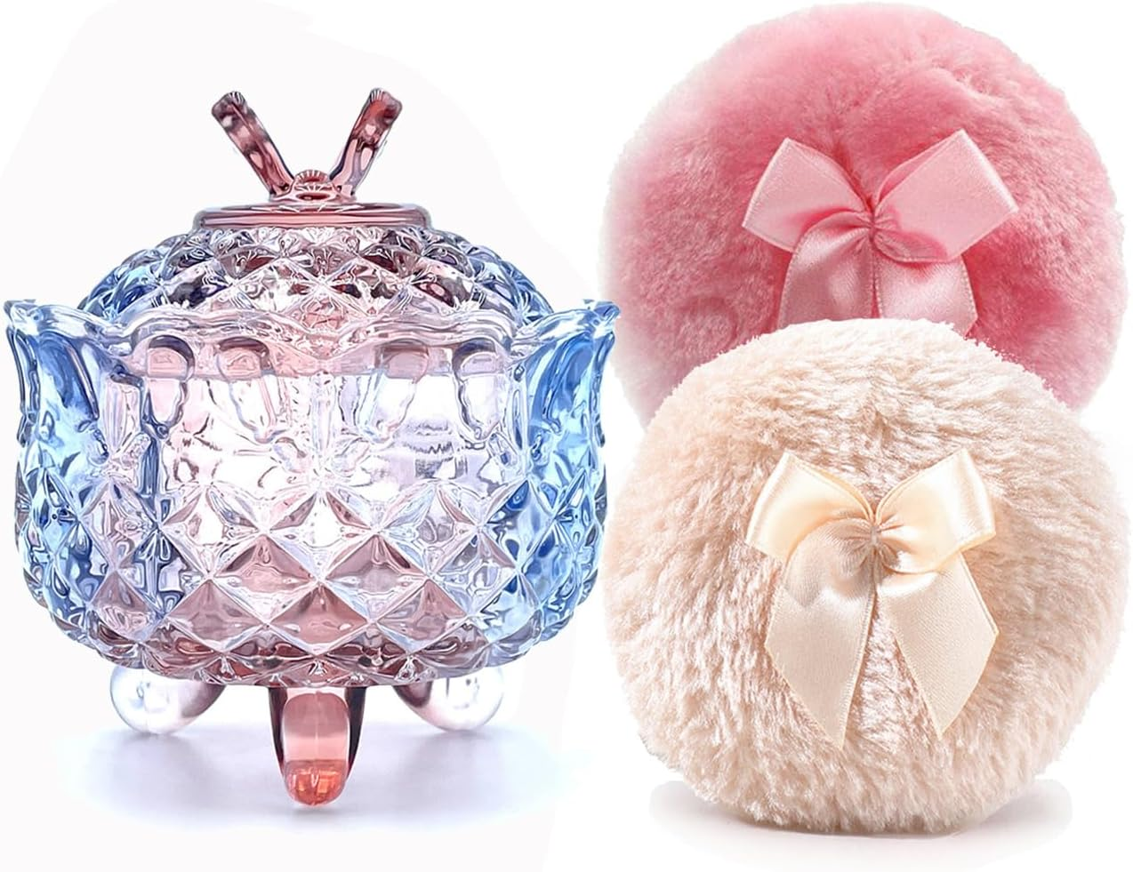 Luxury 4 Inch Glass Loose Powder Container with 2 Soft 3.5" Puffs｜Non-Sealed Refillable Organizer Storage for Body Powder Makeup & Jewelry & Setting Applicator(Crown-Clear)