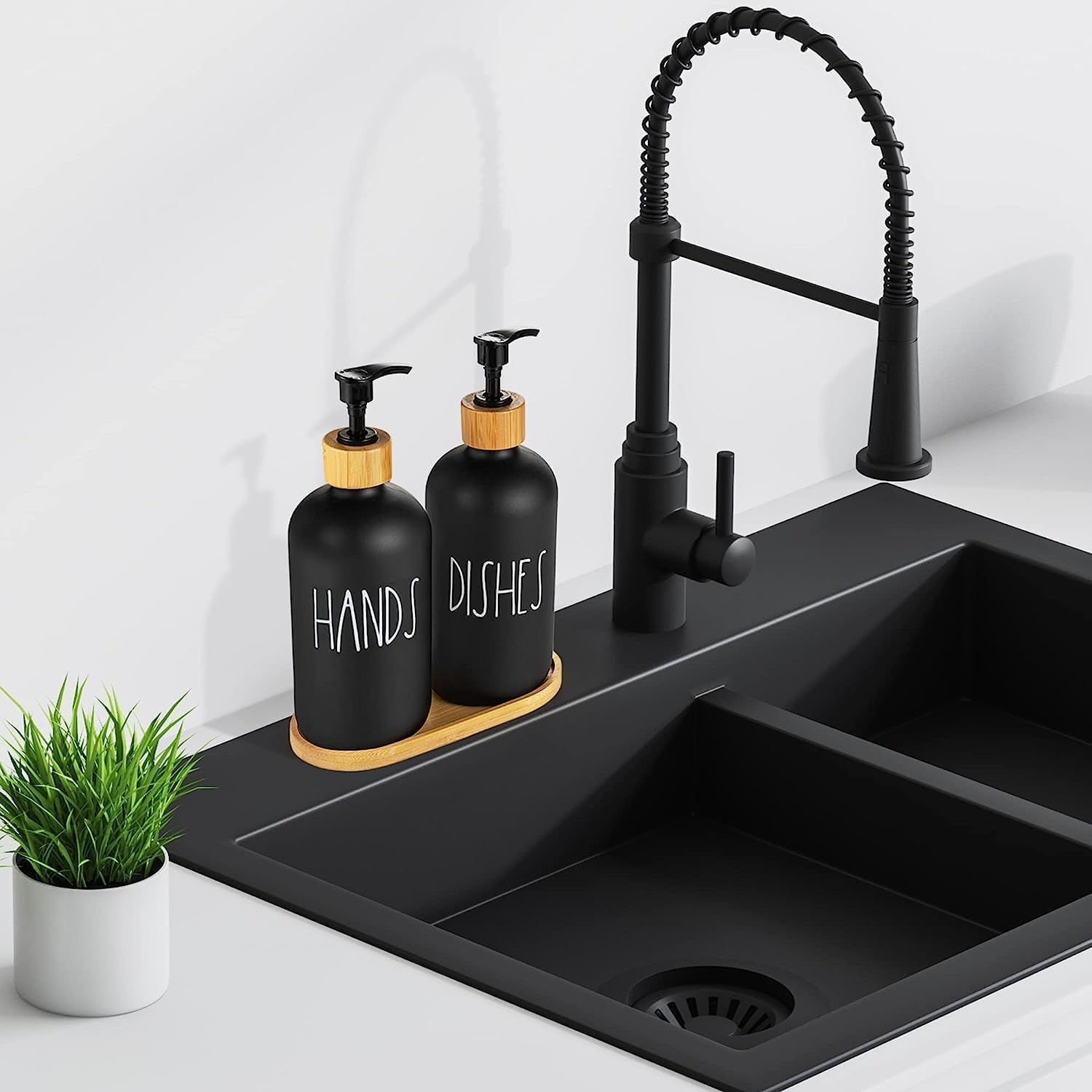 Black Glass Hand Soap and Dish Soap Dispenser Set with Bamboo Lid & Tray, Kitchen Set Suitable for Black and White Kitchen Decor (Black &Tray) - White  Tray image number 3
