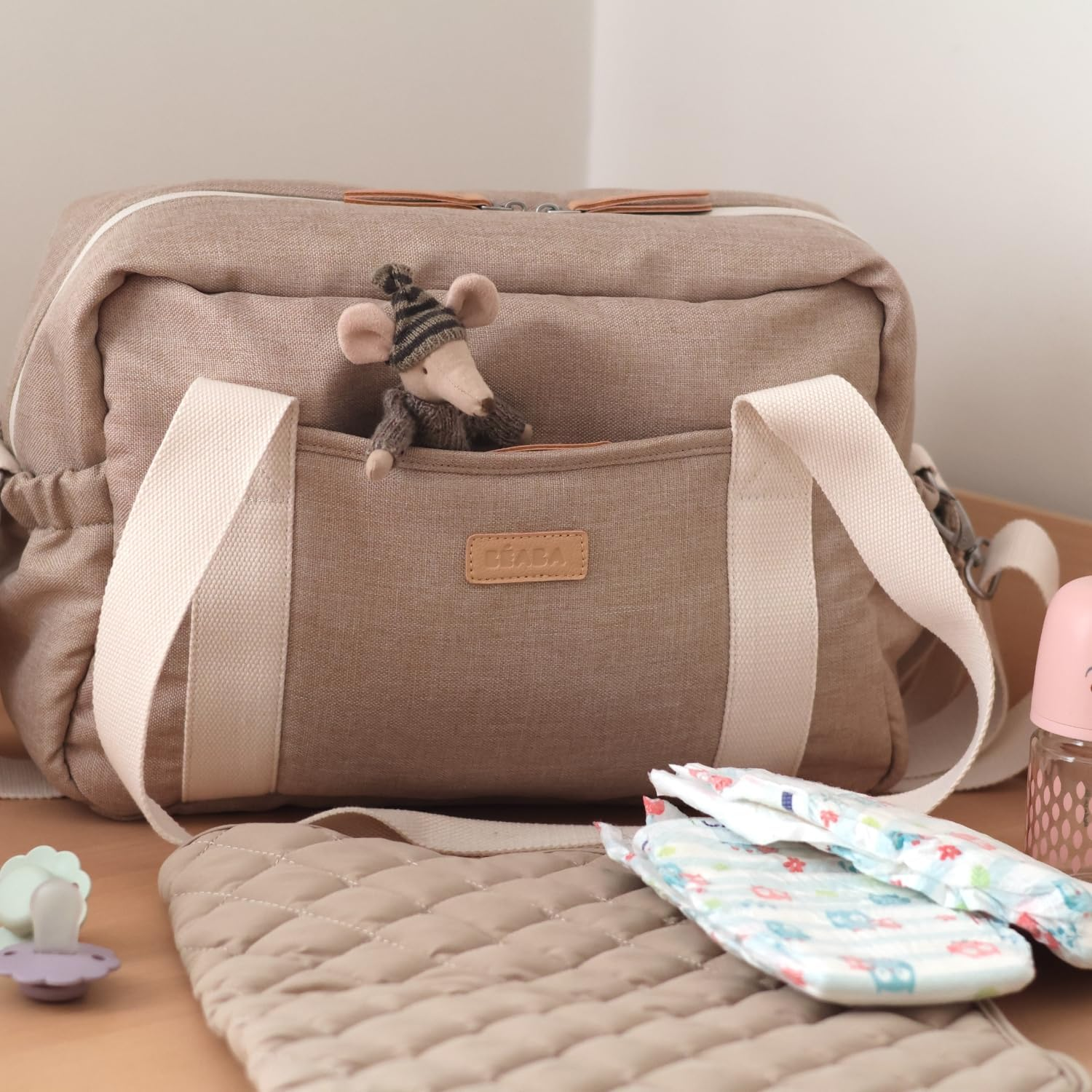 B&Eacute;ABA, Baby Changing Bag, Multiple Compartments, 10 Pockets, Trolley-Case Zipper, Shoulder Strap, Cooler Bag, Changing Mat, Water-Repellent, Capacity 16L, Sac Paris, Clay Earth image number 3