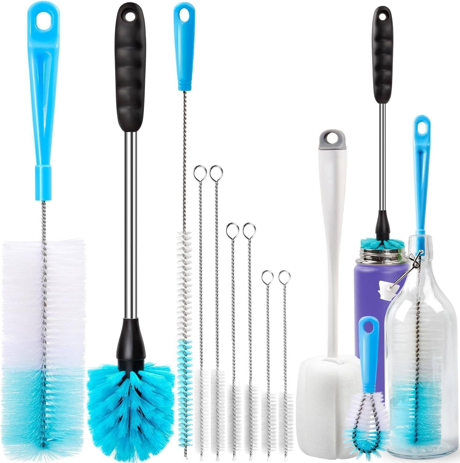 Bottle Brush Cleaning Set with Long Handle &ndash; Includes Narrow Neck Beer, Wine, Decanter, Pipe, Lids, Sink Cleaning Brushes &ndash; 7.9-16 Inch Multi-Purpose Brushes &ndash; White image number 1