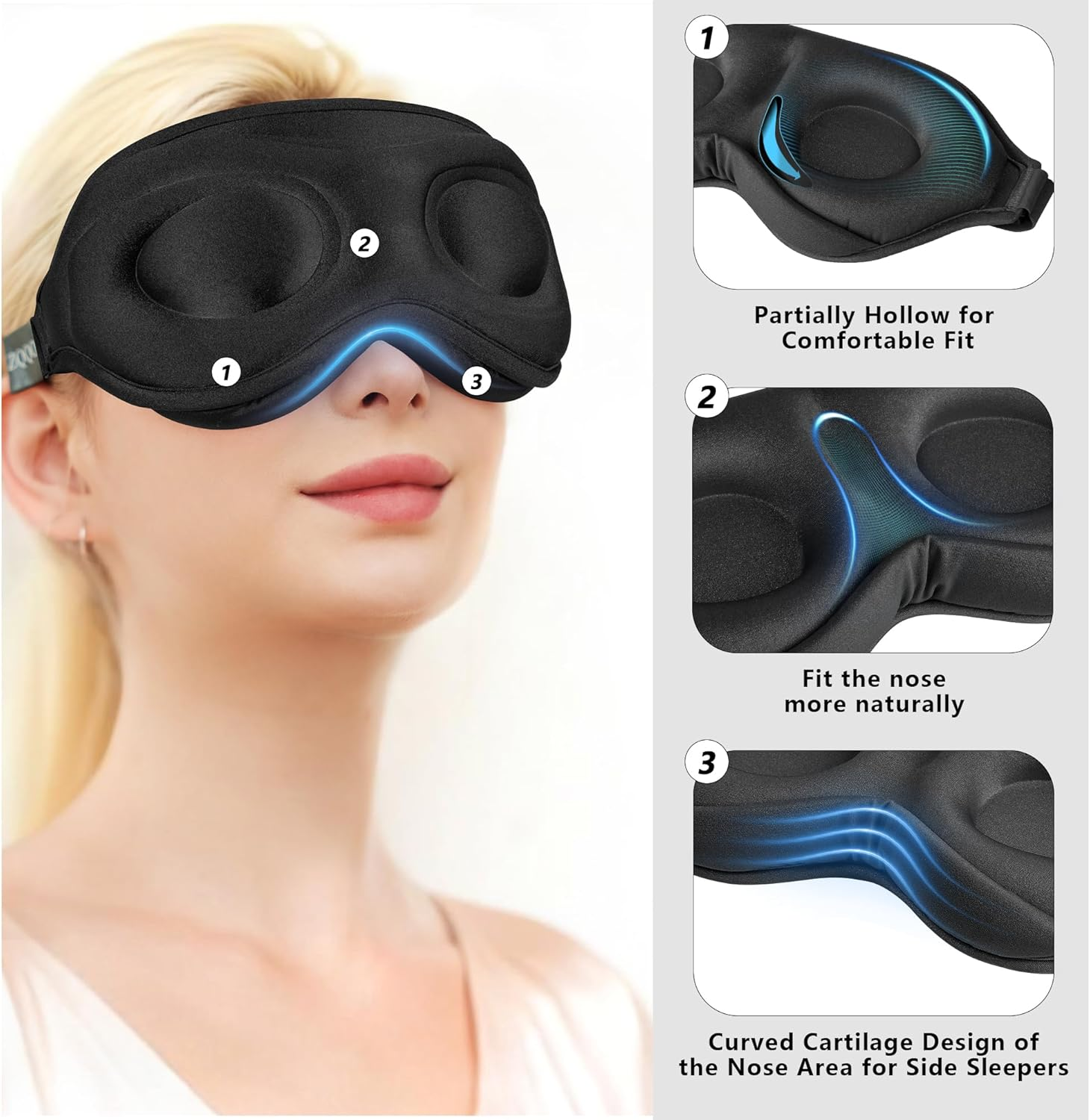 ZQQO Sleep Mask Blackout for Men Women - 3D Black Eye Mask for Sleeping as Mini Travel Essentials 100% Light Blocking Sleeping Mask with Soft Breathable Zero Eye Pressure Perfect for Side Sleepers image number 5