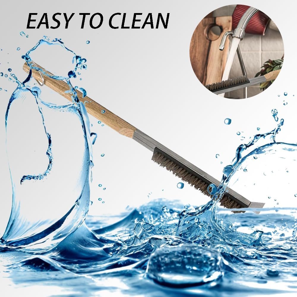 Pizza Oven Brush - Wooden Handle BBQ Brush, Pizza Stone Cleaning Brush with Scraper, Versatile Kitchen & Outdoor Bake Tool for Easy Maintenance