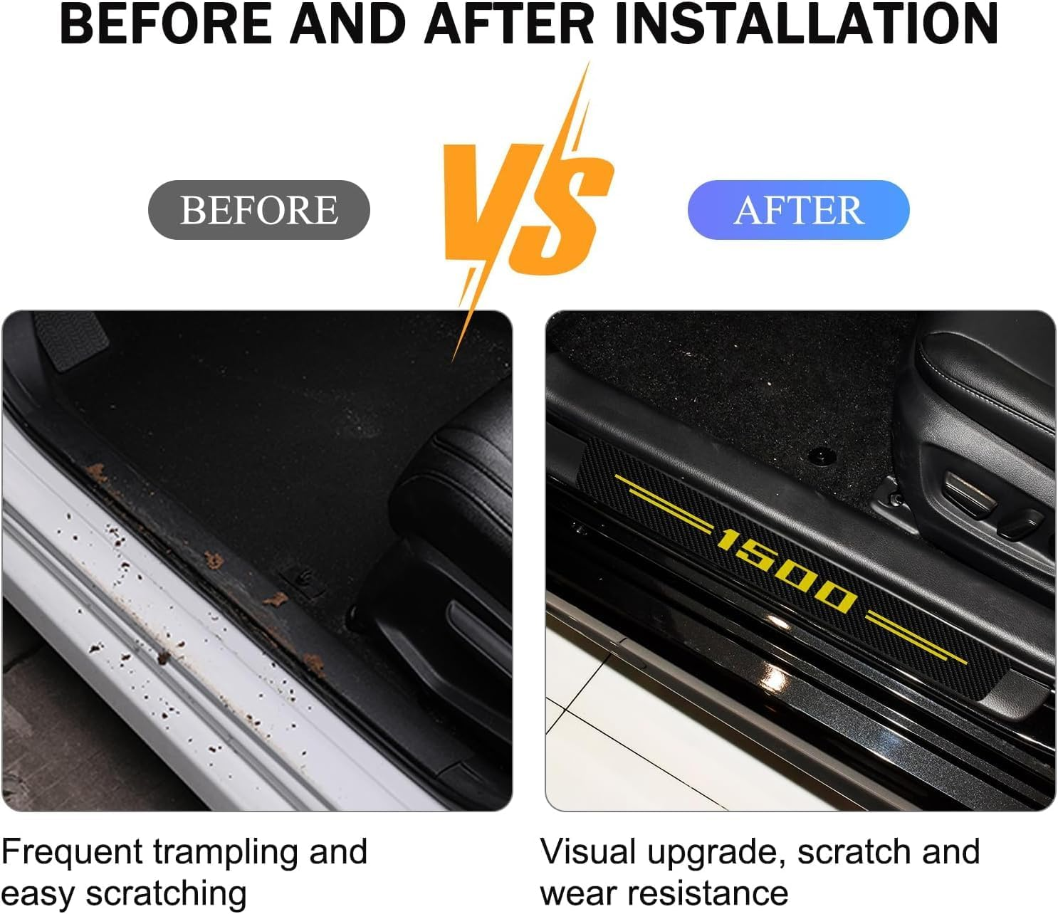 Car Door Sill Protectors 4Pcs for 1500, Carbon Fiber Leather Door Sill Sticker for RAM, Car Door Scuff Plate Door Entry Guard Threshold Scratch Protection Sticker Decoration (1500 Yellow) image number 4