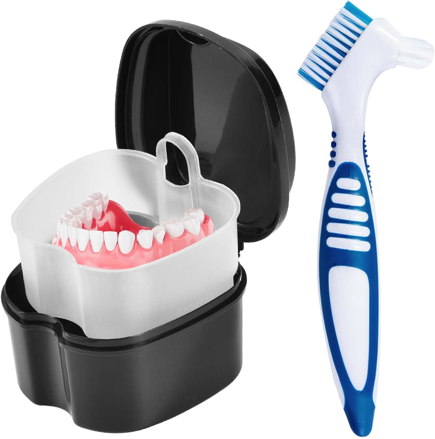 KISEER 2 Pack Denture Bath Case Cup Box Holder Storage Container with Denture Cleaner Brush Strainer Basket for Travel Cleaning (Light Blue and Blue)