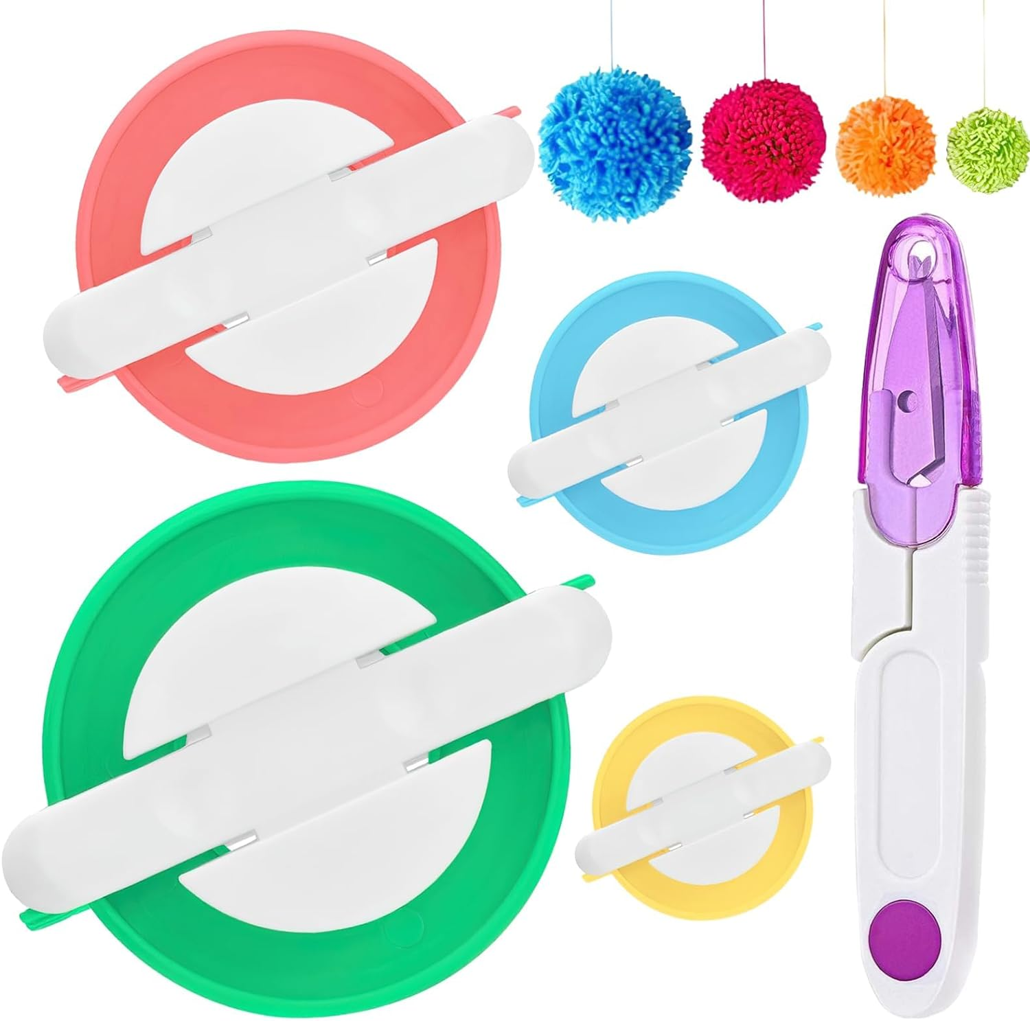 DIY Pompom Maker Kit, 4 Different Sizes Weaver Needle Craft Knitting Wool Plastic Tool Kit with Sewing Scissors, 4 Pcs Pom Pom Makers for DIY Knitting Craft, Pom Pom Knitting image number 5