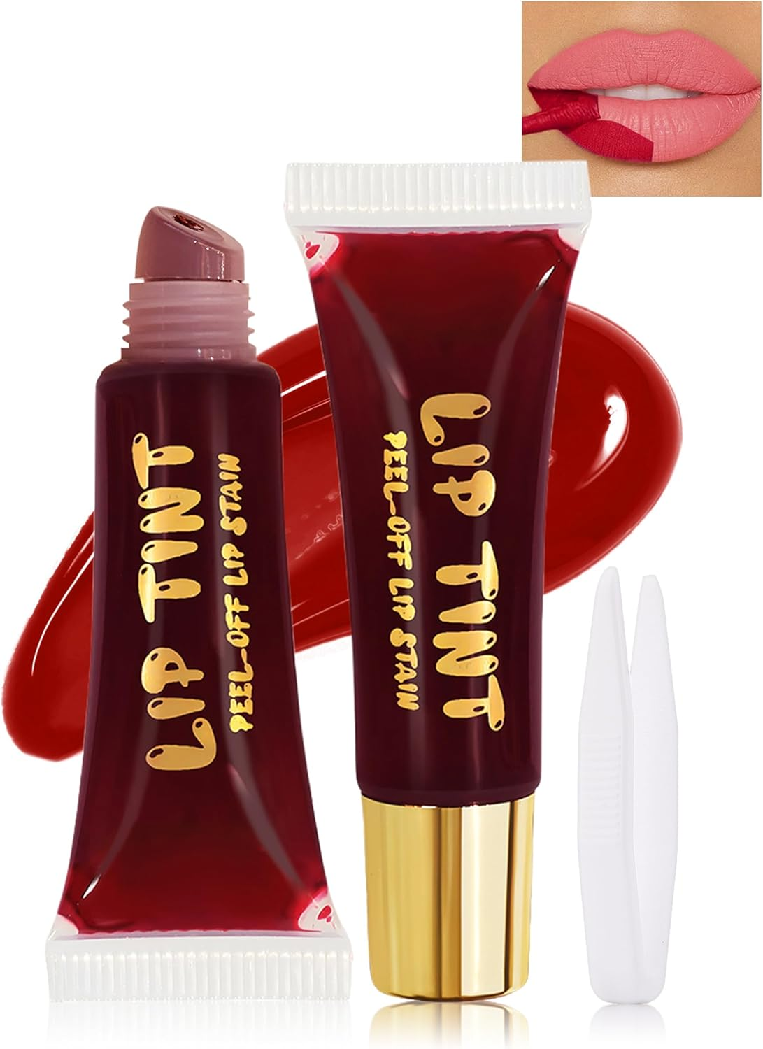 Erinde Peel off Lip Gloss with Tweezer, Long Lasting Matte Lip Liner Stain Peel Off, Women Waterproof Lip Stain, Highly Pigmented Color Lipliner, Transfer Proof Lip Tint Peel off #03+04+05