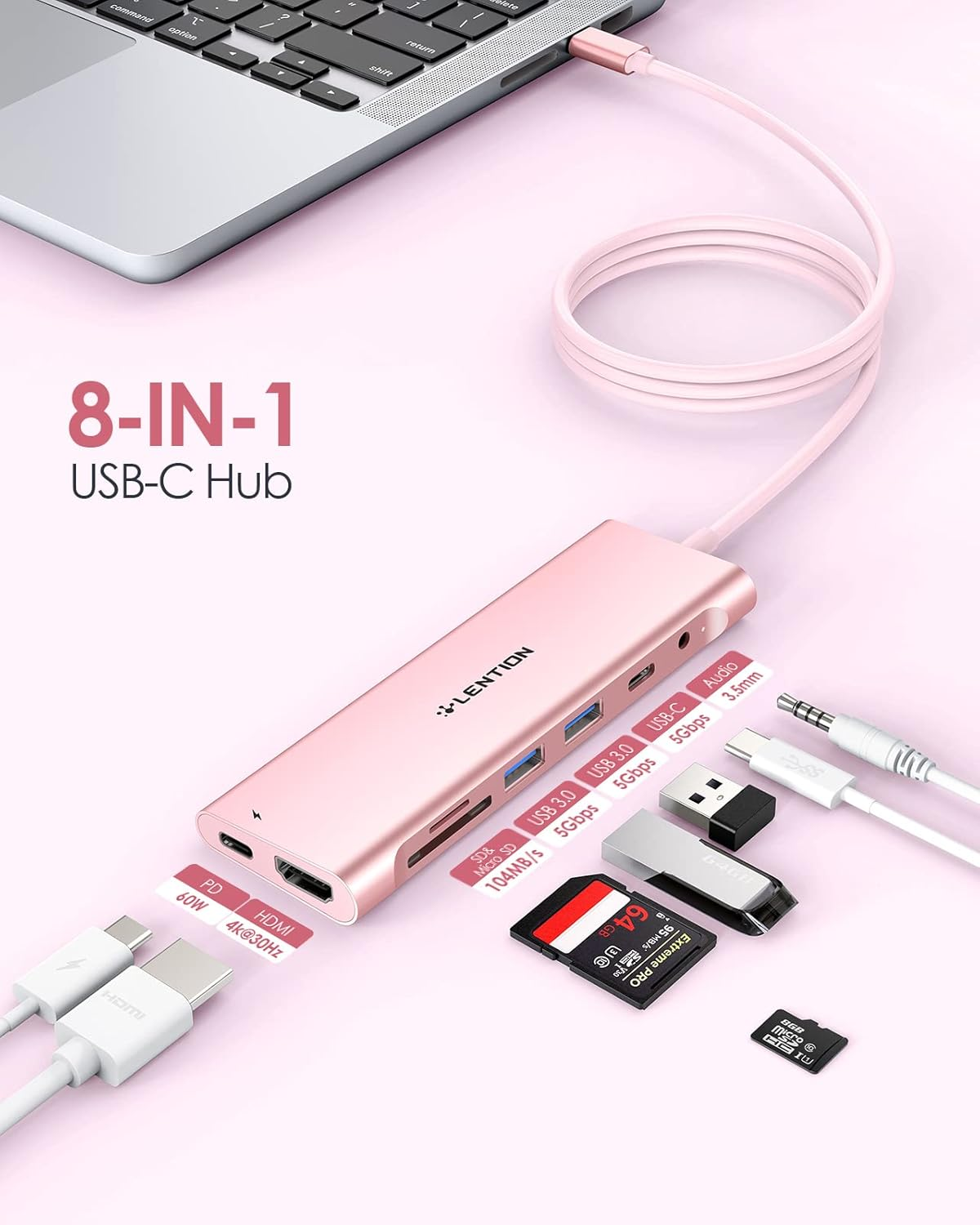LENTION 3.3FT Long Cable USB C Hub with 4K HDMI, 2 USB 3.0, Card Reader, Aux, Type C Data/Charging Compatible 2025-2016 Macbook Pro, Mac Air/Surface, More, Stable Driver Adapter (CB-C37, Rose Gold) image number 1