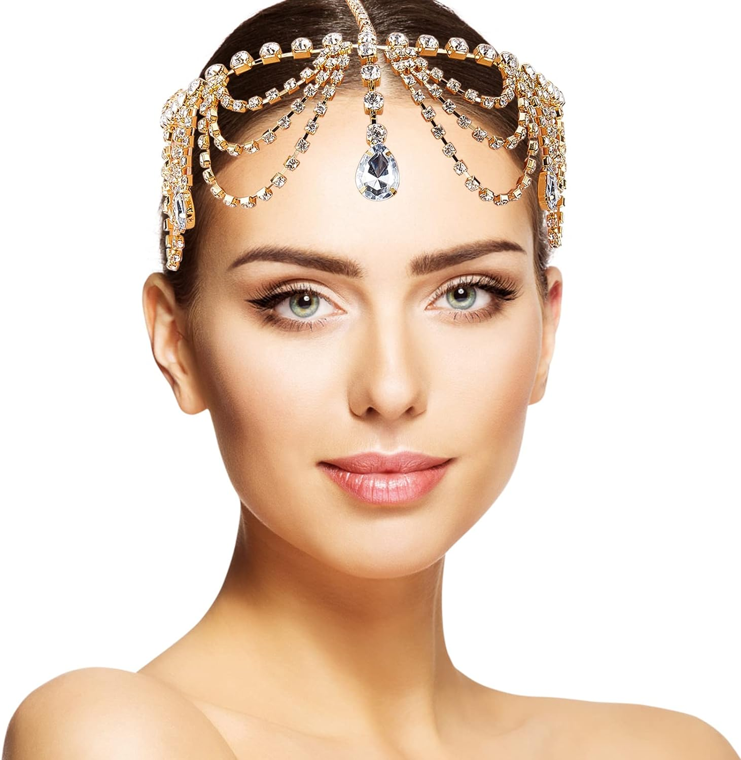 NICENEEDED Forehead Tassel Rhinestone Head Chain, Gold Crystal Layered Hair Chain Jewellery, Boho Sparkly Teardrop Rhinestone Headpiece Hair Accessories for Wedding, Prom, Party, Daily Life image number 2
