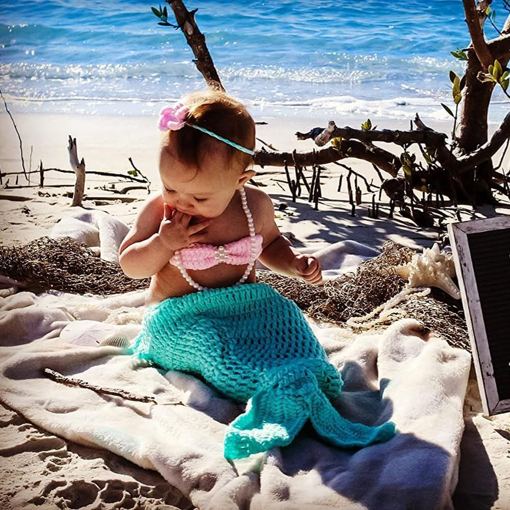 House Mermaid Costume Set-Handmade Crochet Photo Prop Includes Headband, Bra, Tail for Newborn Photography (Aquamarine) image number 3