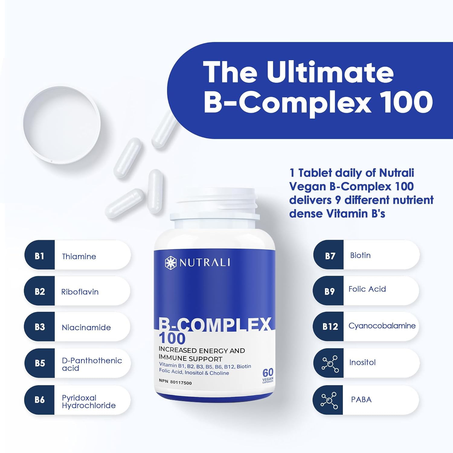 NEW B-COMPLEX 100 High Potency Capsules, 9 Complete B Vitamins - B1, B2, B3, B5, B6, B7, B9, B10, B12 for Men and Women, Reduced Stress, Improved Immune Support, Hair, Skin, Nail & Eye Health, and Brain Function &ndash; Gluten Free, Non-Gmo, Vegan - (1 Pack) 60 Capsules image number 2