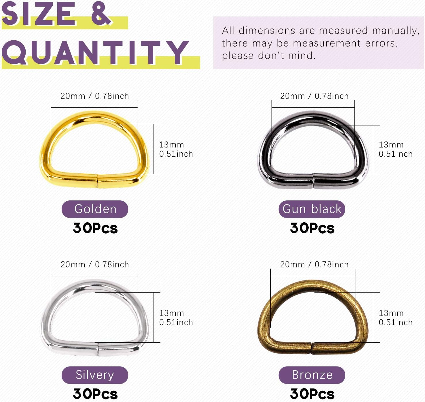 Swpeet 120Pcs 3/4 Inch - 20Mm 4Colors Multi-Purpose Metal D Ring Semi-Circular D Ring for Hardware Bags Ring Hand DIY Accessories (Mixed Color, 3/4 Inch)