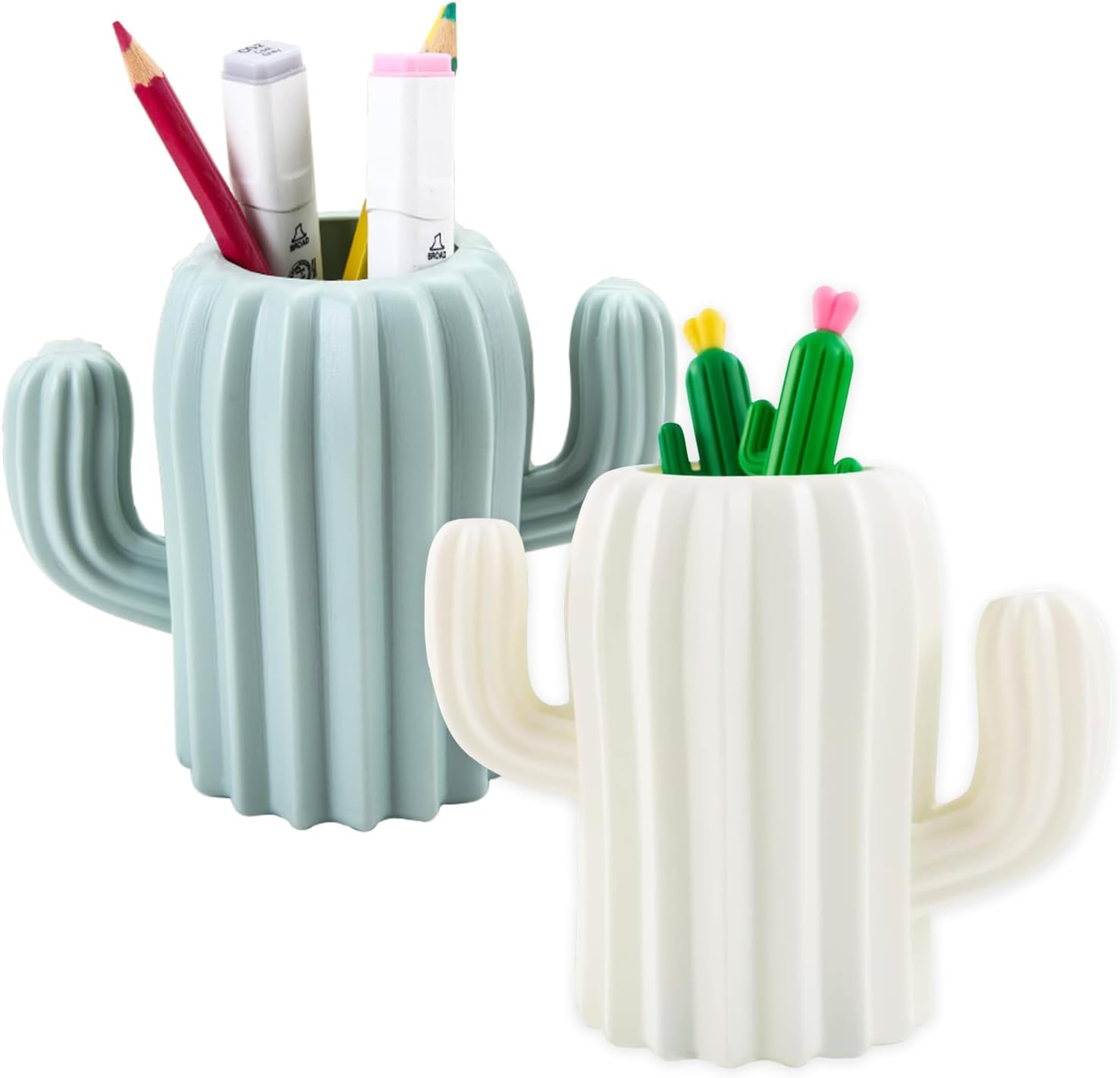 2 Pieces Pen Pencil Pot Holder, Stationery Storage Pen Container, Makeup Brush Holder, Creative Funny Cactus Shape Desk Pen Holder Stand for Desk, Office Supplies, Vanity Table (White, Green)