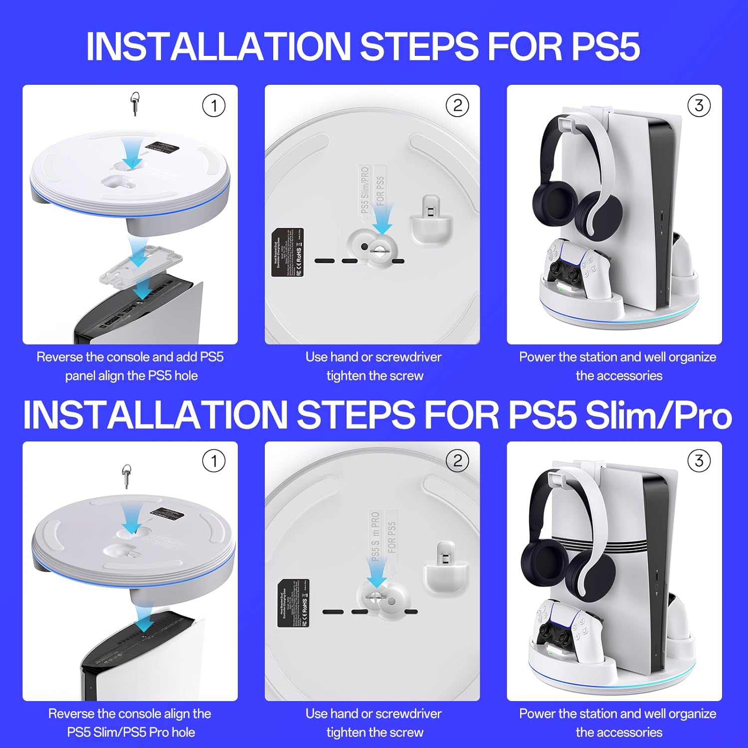 NEWDERY for P 5/Slim/Pro Console Stand, with Dual Charging Station for P 5 Controllers, Adjustable RGB Light, for Playstation 5 Controller Charger Stand - White image number 2