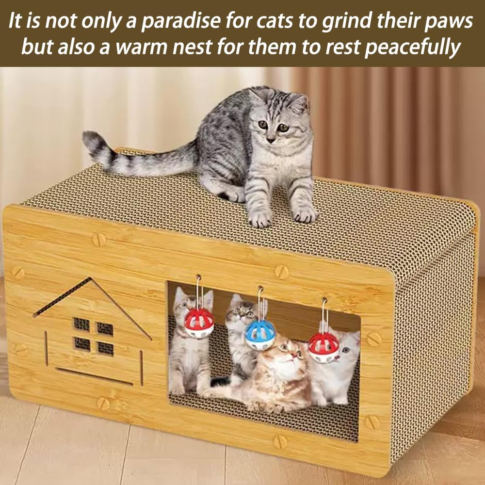 Cat Scratcher House with Cat Cardboard Pad, Wooden Cat Scratcher House with Ball with Bell, Large Space Let Your Kitties Scratch, Play, & Rest Cardboard Cat House Easy to Assemble 60X30X30 Cm image number 6