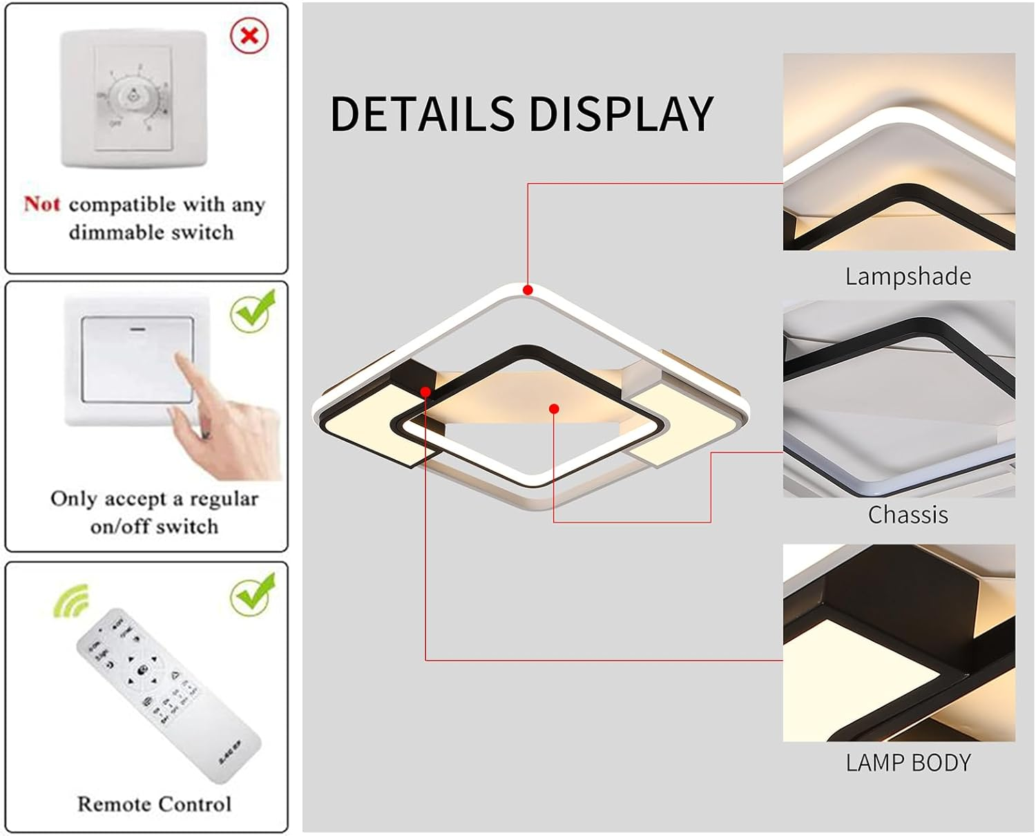 Oninio Modern LED Ceiling Light,Square Acrylic LED Chandelier Flush Mount Ceiling Light for Bedroom Living Room Dining Room Kitchen Office,Dimmable/40W/2400Lm/3000-6500K - 30W/Round/Dimmable image number 6