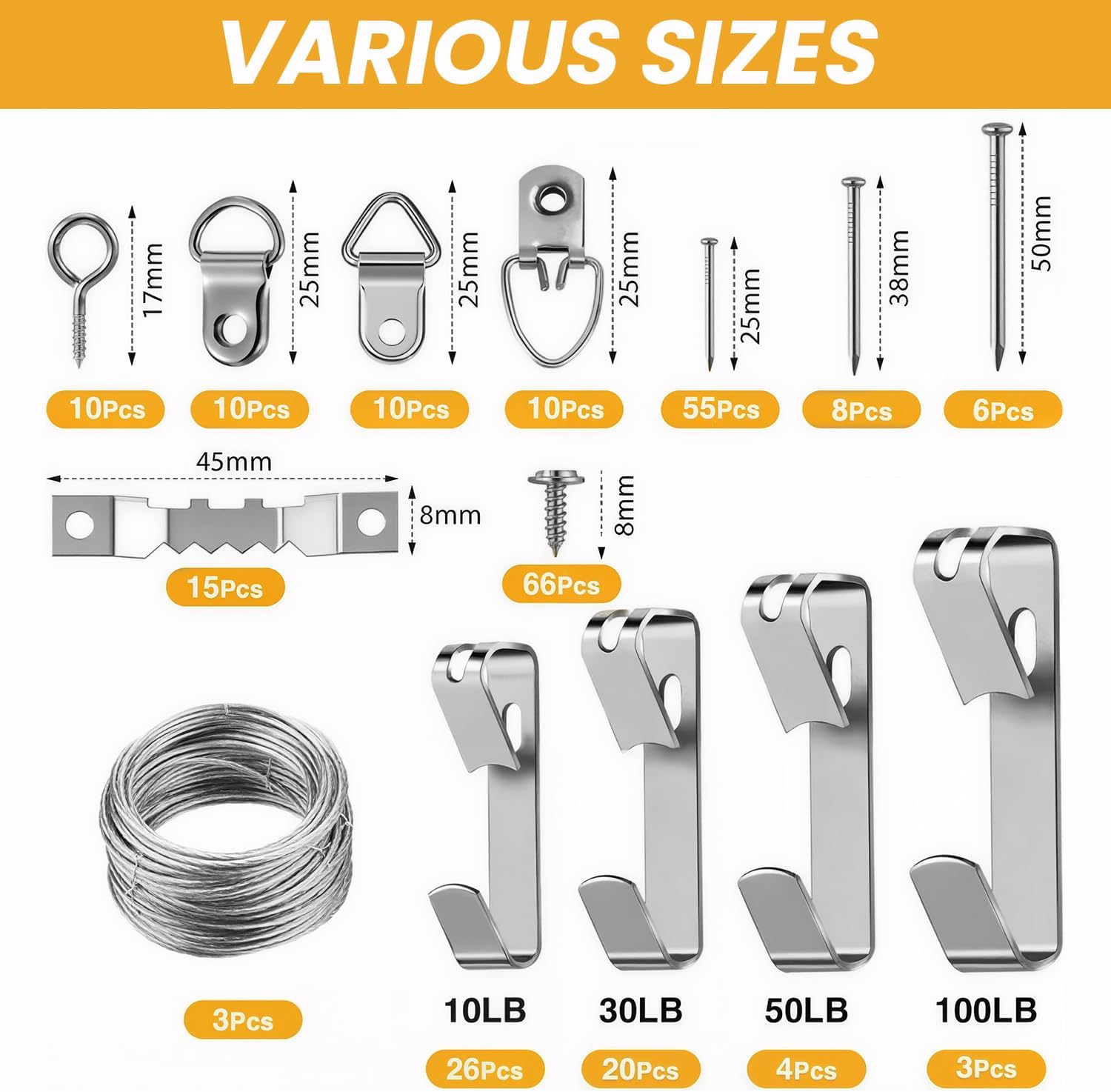 246Pcs Picture Hanging Kit - Picture Hangers Assorted Kit with Heavy Duty Wall Hooks, Sawtooth, Picture Wire, Hardware Nails, Eye Hooks and Picture Hanging Tool for Frame Canvas Mounting image number 3