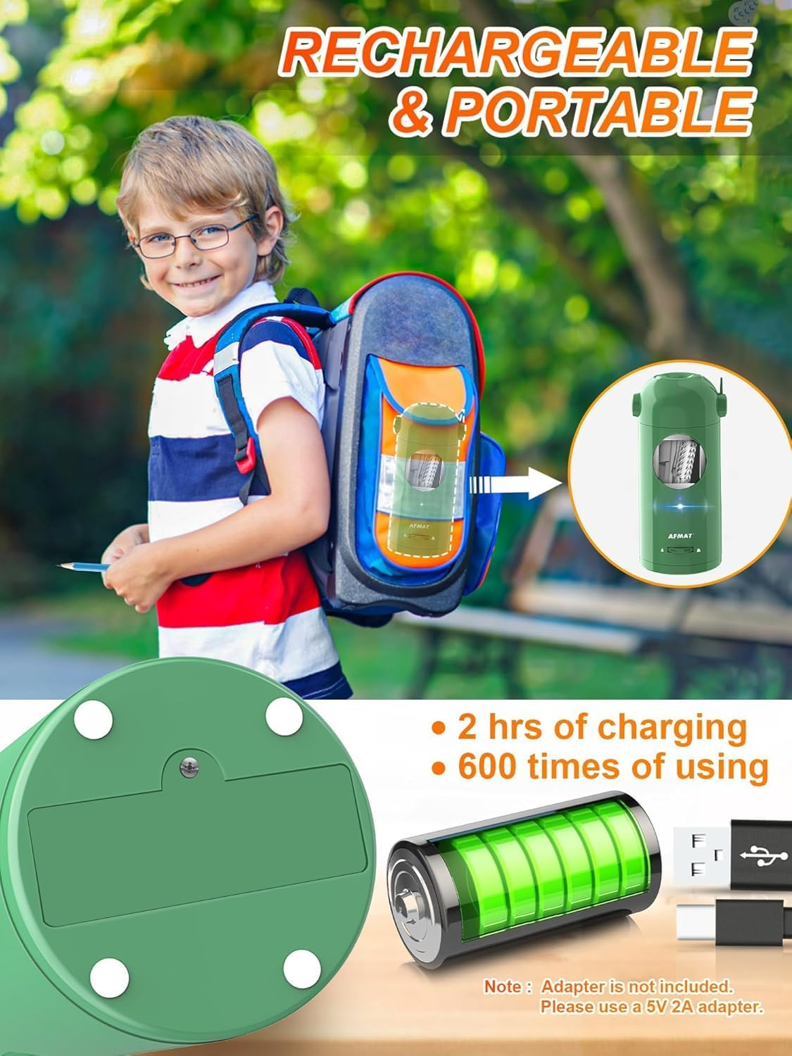 AFMAT Electric Pencil Sharpener, Fully Automatic Rechargeable Pencil Sharpener for 7-11.5Mm Pencils, Auto in & Out, Hands-Free Robot Pencil Sharpener for Home, Classroom, Battery Operated, Green - Blue image number 3