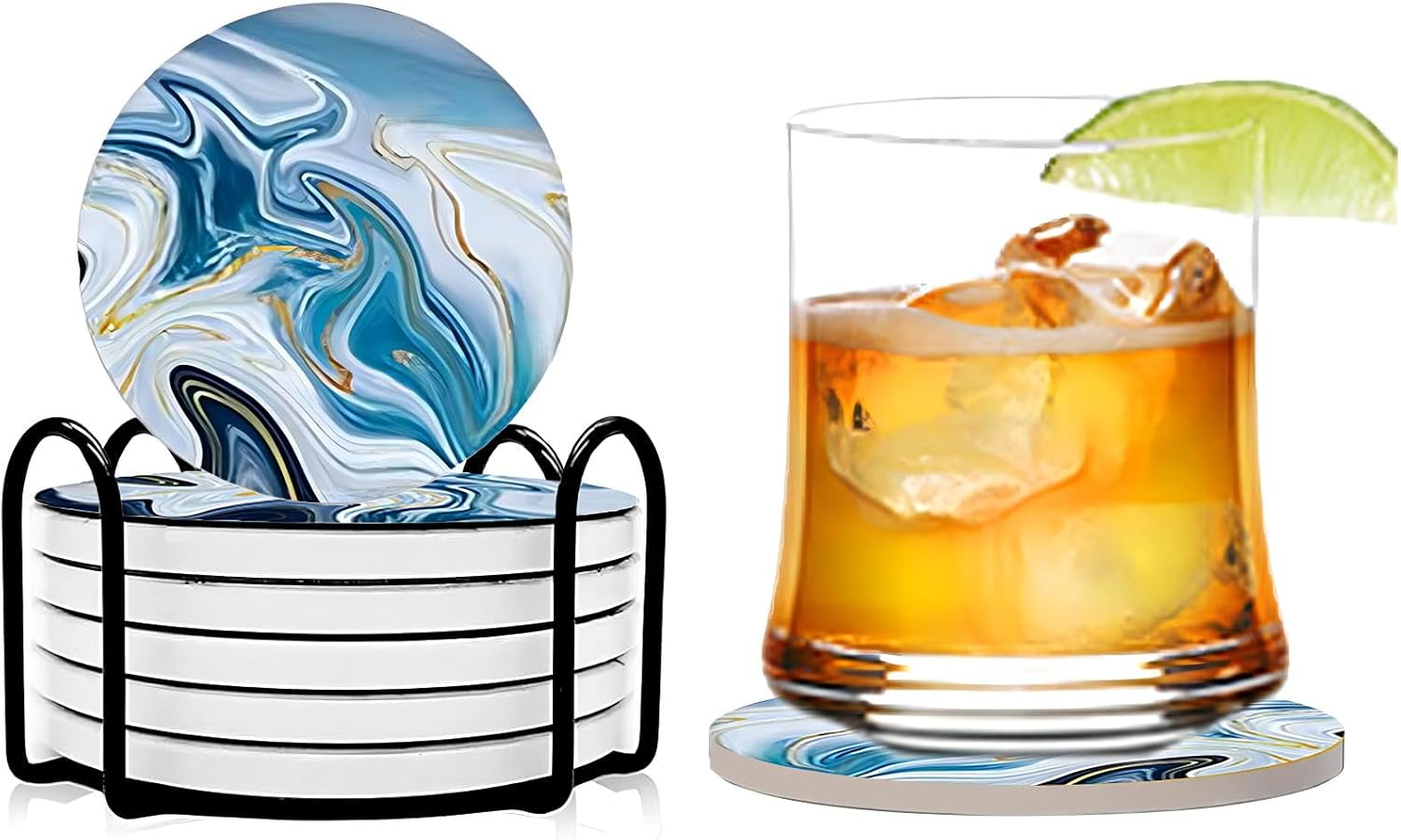 6 Pcs Blue Marble Ceramic Coasters with Holder - Ultra Absorbent Drink Coasters Set, 4Inch Non-Slip Cork Bottom round Table Coasters for Coffee Wine Bar, Decorative Metal Stand Storage image number 1