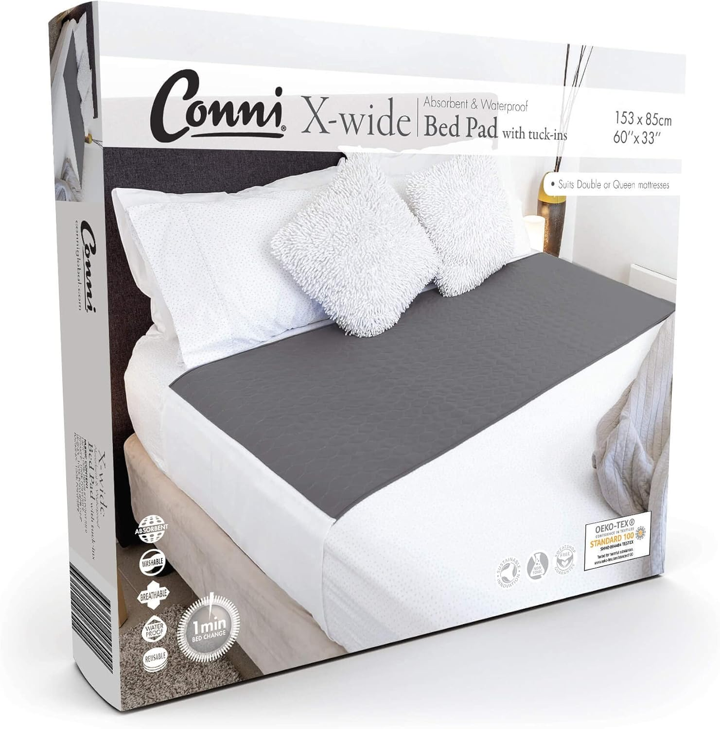 Conni X-Wide Reusable Bed Pad with Tuck-Ins, Absorbent, Waterproof and Washable Protector Pad for Incontinence, Bed Wetting and Perspiration, White, 153 X 85 Cm