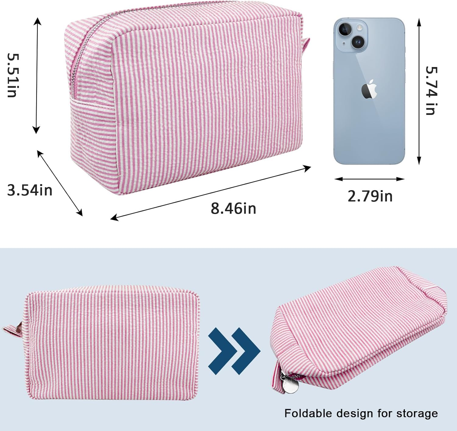 GFU Cosmetic Bag for Women, Large Makeup Bag, Travel Toiletry Stripe Cosmetic Bag, Seersucker Women Aesthetic Organizer Storage Pouch, Girls Handbags Purses (Pink) - Light Blue image number 4