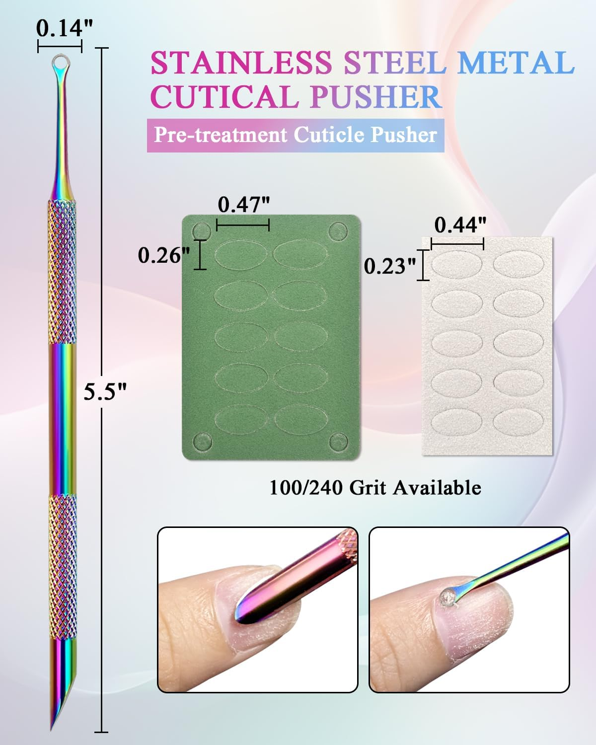 Dual Ended Cuticle Remover, Pre-Treatment Cuticle Pusher with Loop Cuticle Pusher Removing, Stainless Steel Cuticle Nail Tool with 100#/240# Grit Nail Files and 1P Storage Bags, for Salon & Home Use image number 2