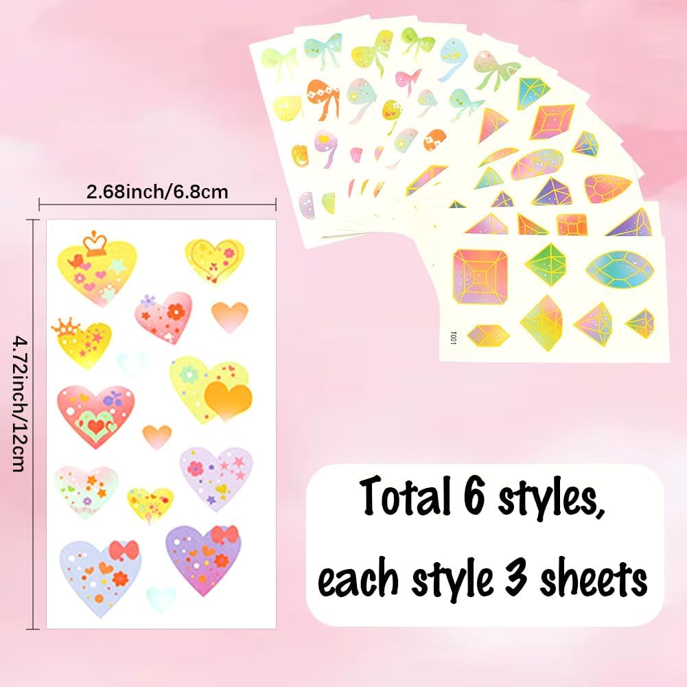 SOFPLATE 1 Box 36 Sheets 3 Styles Heart Stickers Tattoo Pastel Temporary Tattoo Bulk Pack Colourful Bow Tie Gemstone Diamond Cute Cartoon Stickers for DIY Crafts Photo Album Scrapbook Party D image number 5
