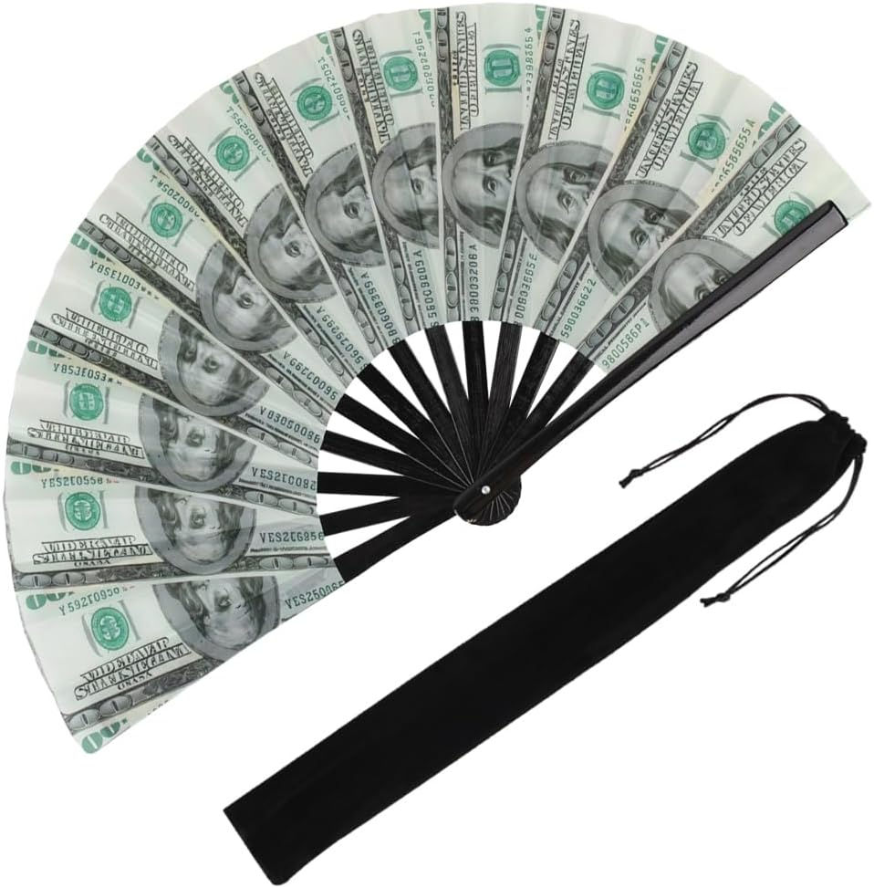 Plzoslly 2 PCS Large Folding Fan Bamboo Folding Hand Fan, Rave Fan Clack Folding Hand Fan Chinese/Japanese Nylon-Cloth Folding Fan for Festival, Dance, Performance, Party, Gift, Decoration(Watermelon)