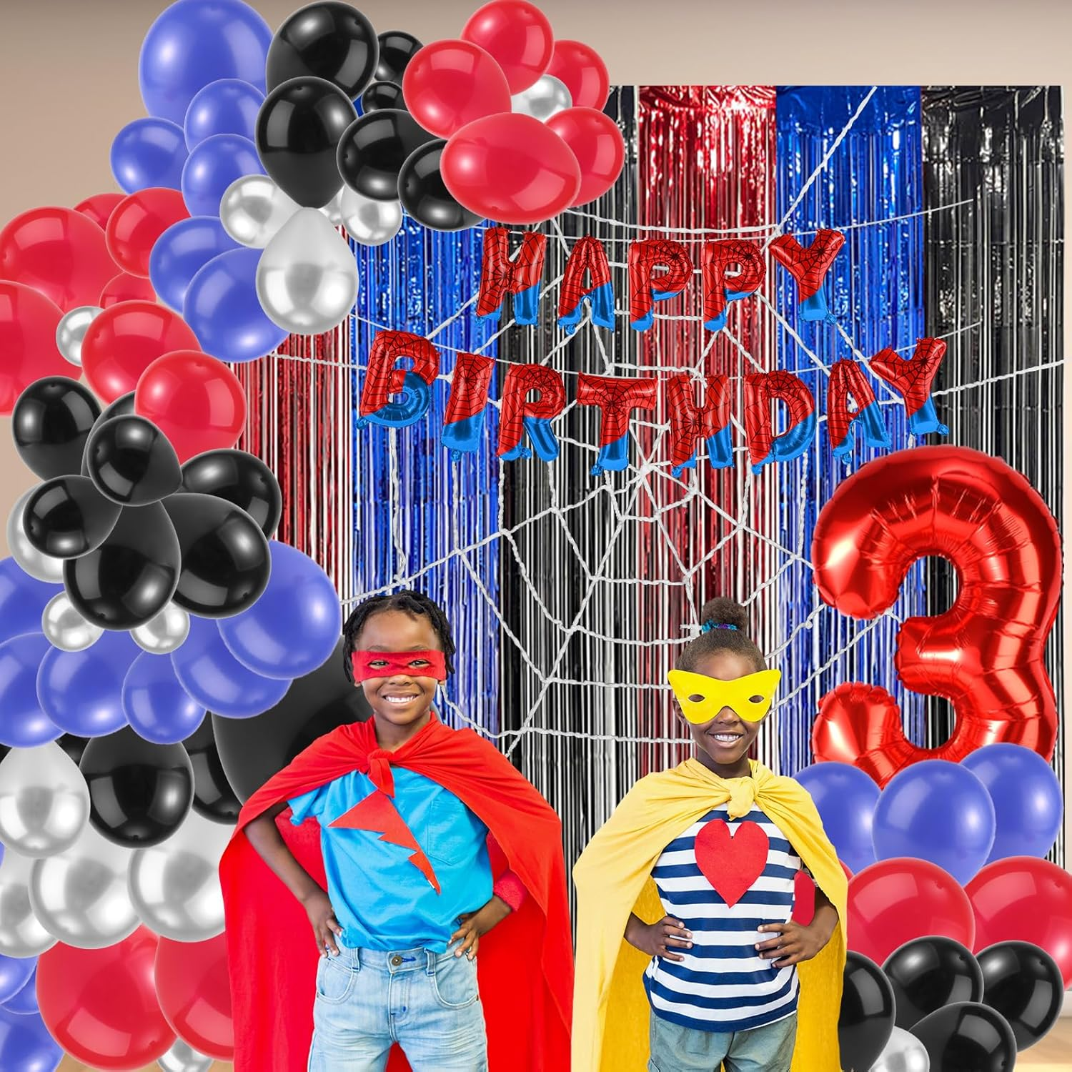 Spider Theme Party Decorations Kit, Includes Letter Banner Number Balloon Web Backdrop Hanging Curtains Multi-Size Balloons for Boys Girls Baby Shower Decor (Number 3) image number 1