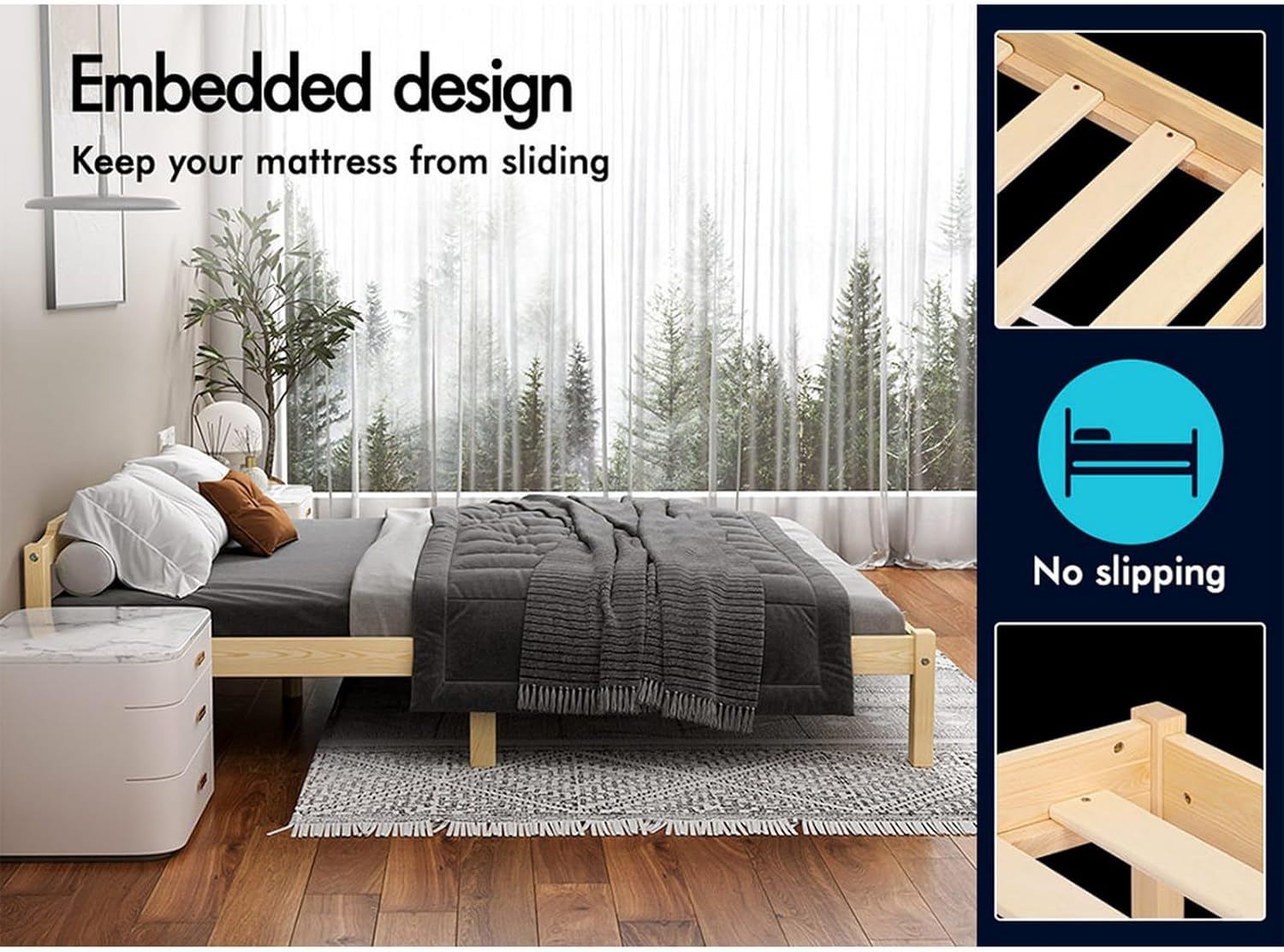 ALFORDSON King Bed Frame Wooden Bed Base with Solid Wood Pine Timber Slats, Oak Bed Foundation Mattress Base Platform with Storage Space, Beatrix Series Bedroom Furniture image number 3