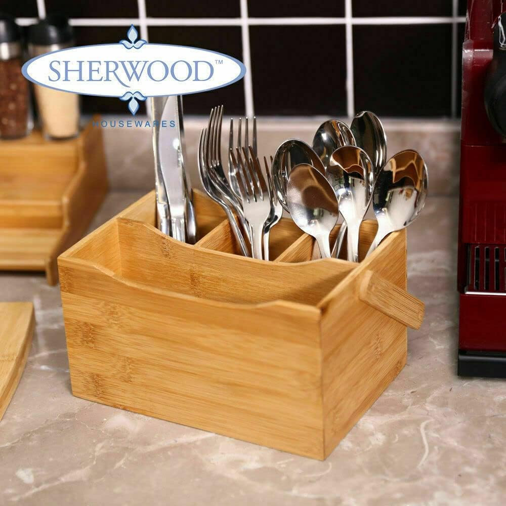 Sherwood Home Bamboo Cutlery Caddy Holds Knife/Fork/Spoon and Napkin/Serviette 4 Compartments Durable Eco-Friendly and Easy to Wash Carry Handle Built in (23X15X23Cm) image number 3