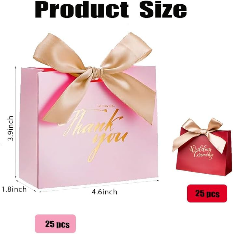 25 Pcs Small Thank You Gift Bags with Gold Bow Ribbon - Pink Patterned Paper Party Favor Treat Boxes (Pink) image number 5