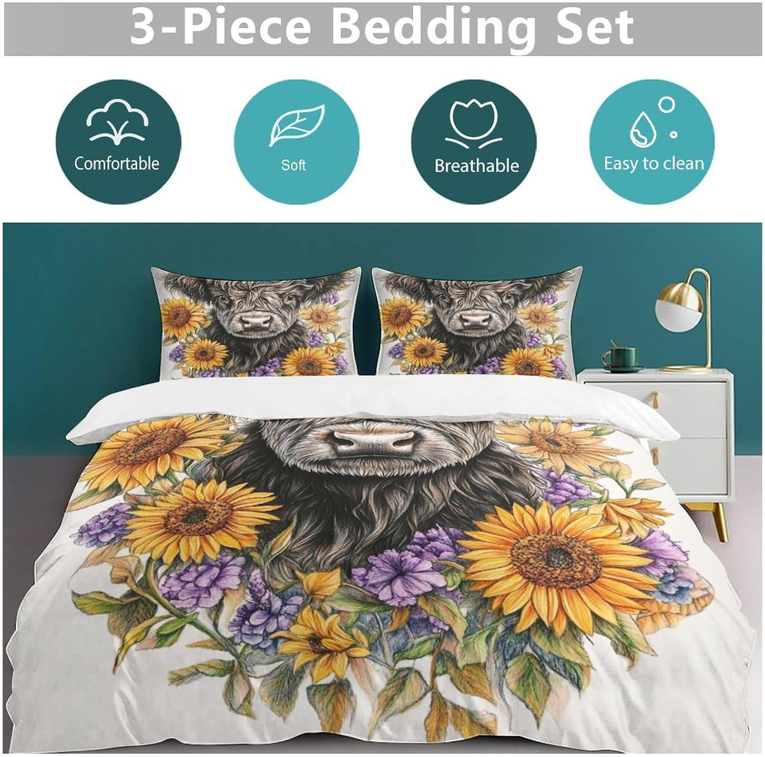 3Pcs Highland Cow Bedding Set Luxury 3D Printed Duvet Cover Sets with Pillowcase Sunflower Animal Quilt Covers Soft Microfiber Comforter Cover with Zipper,Queen（210X210Cm）