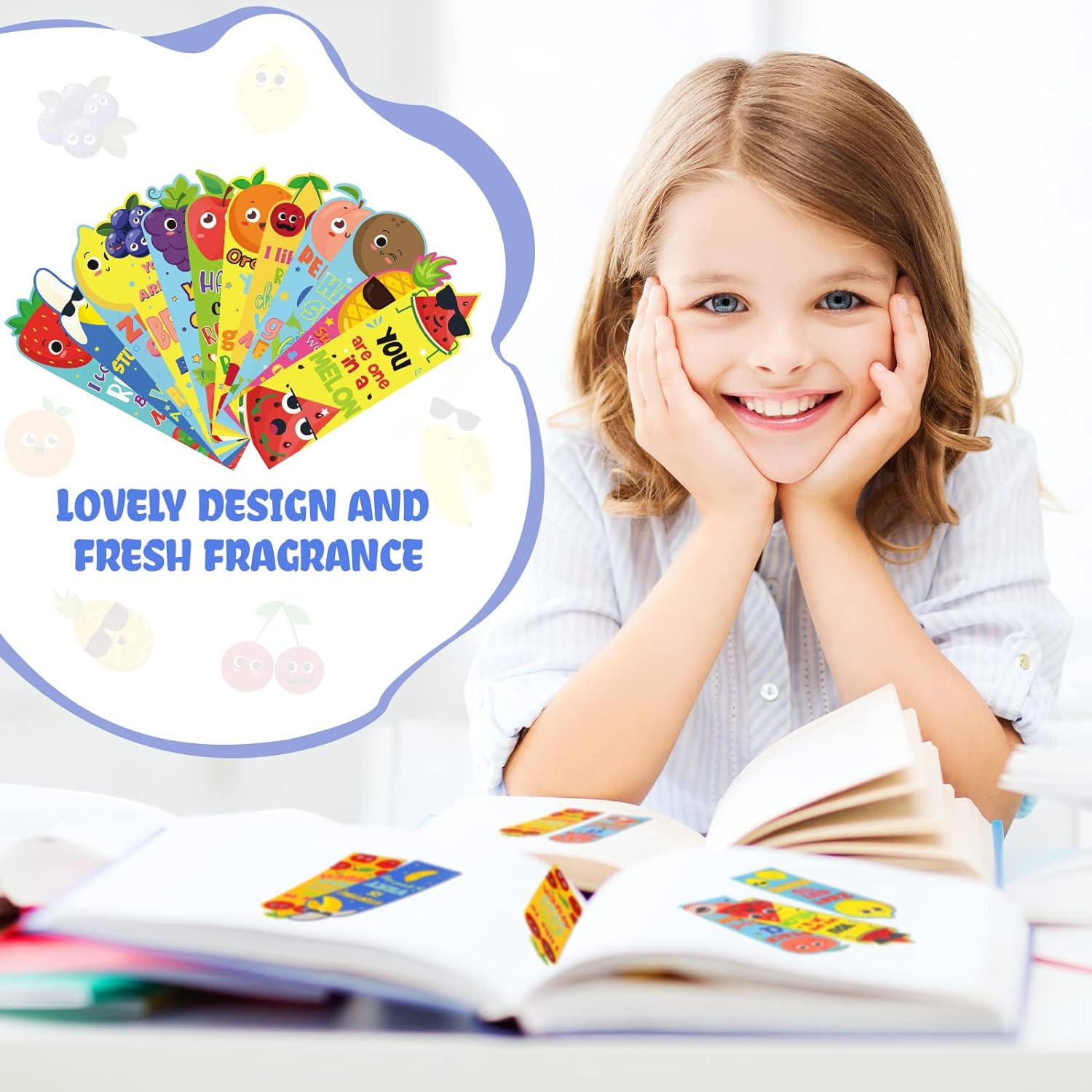 Fainne 60 Pieces Scratch and Sniff Bookmarks Kids Scented Bookmarks Educational Bookmark Assorted Smelly Bookmarks for Kids Students Reader, 12 Styles, 12 Scents (Fruit Style) image number 4