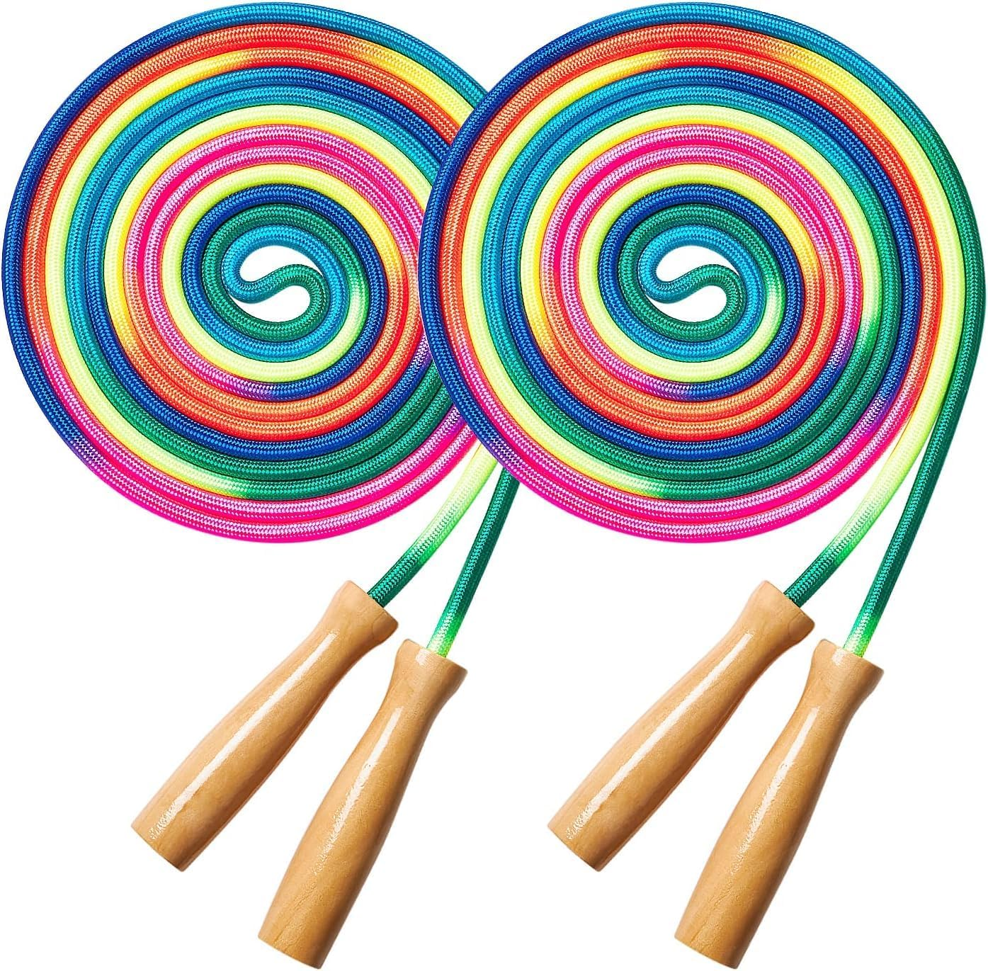 Double Dutch Long Jump Rope - 16Ft 2 Pack Skipping Rope for Kids Adults, Rainbow Jumping Rope for Multiplayer with Wooden Handle image number 4