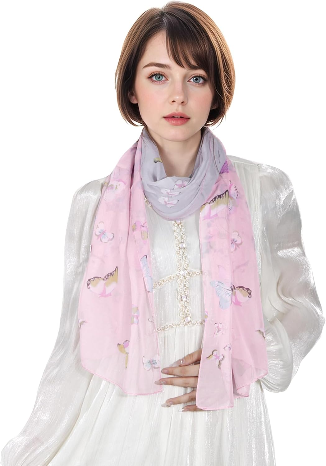 Lamca Chiffon Scarf - Ladies Scarves Lightweight Fashion Floral Print Scarf for Women UK - Fangcao-Darkblue image number 6