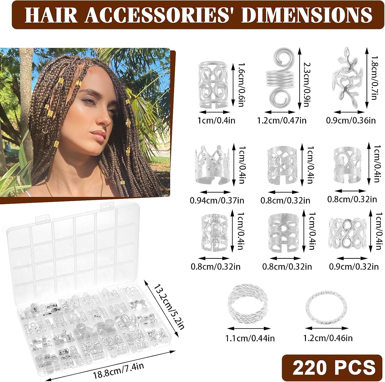 Pack of 220 Dreadlocks Hair Accessories, Silver Hair Rings, Metal Hair Beads, Clips, Adjustable Metal Braids Accessories for Women, Girls, Hair Braid Decoration image number 6